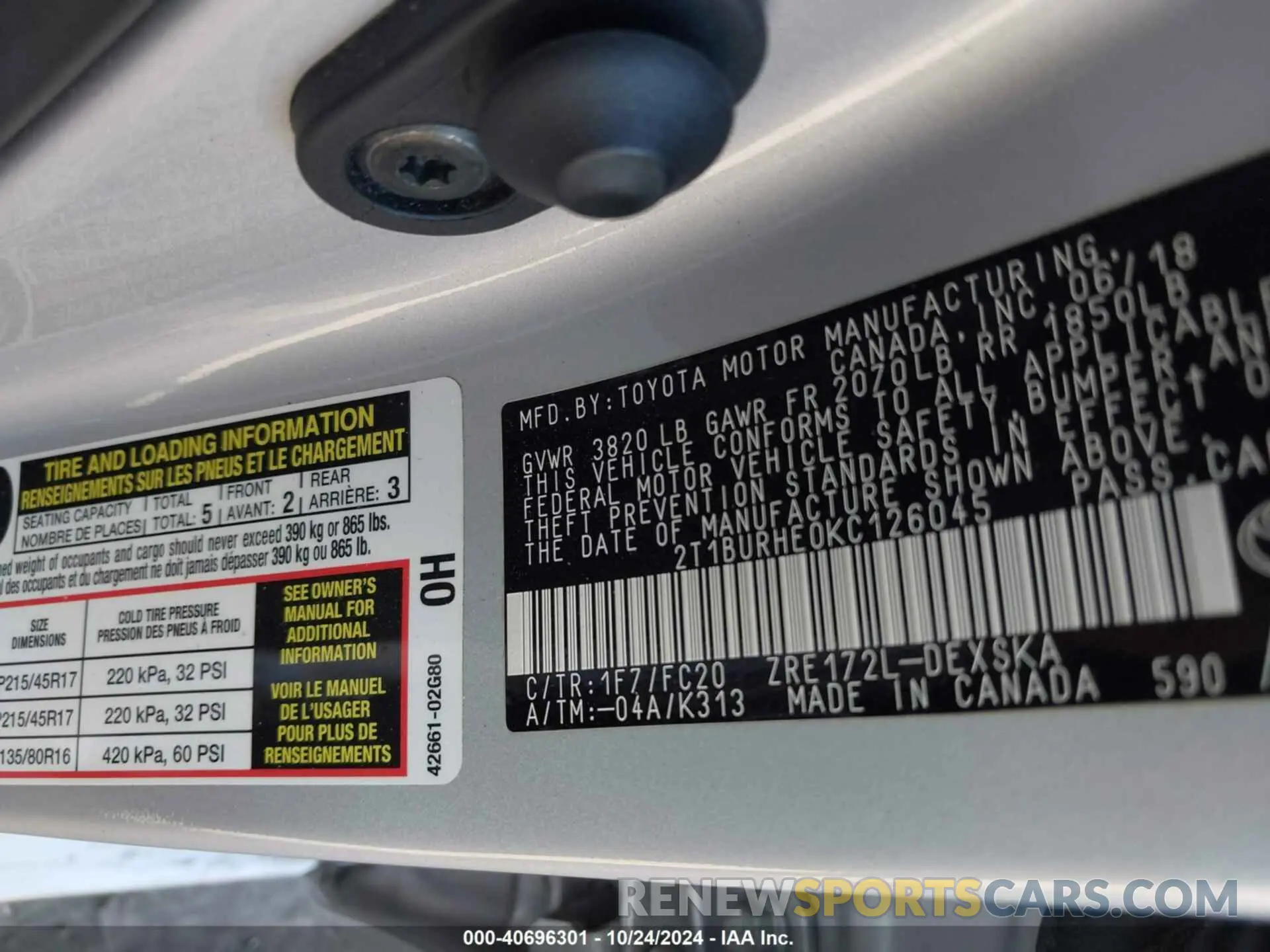 9 Фотография поврежденного автомобиля 2T1BURHE0KC126045 TOYOTA COROLLA 2019