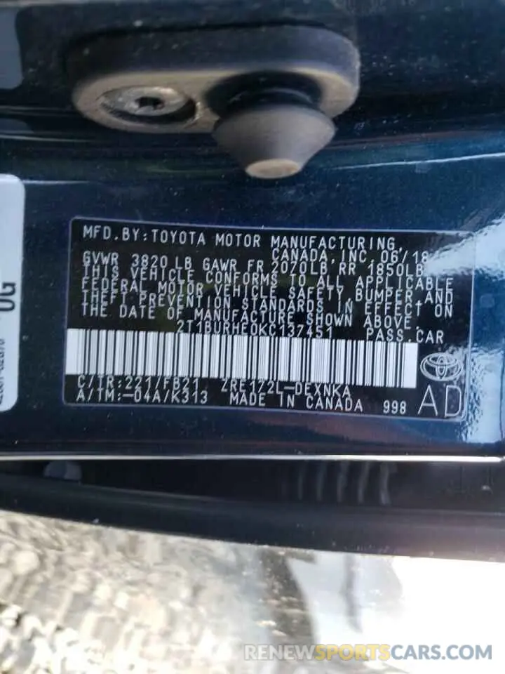 10 Фотография поврежденного автомобиля 2T1BURHE0KC137451 TOYOTA COROLLA 2019