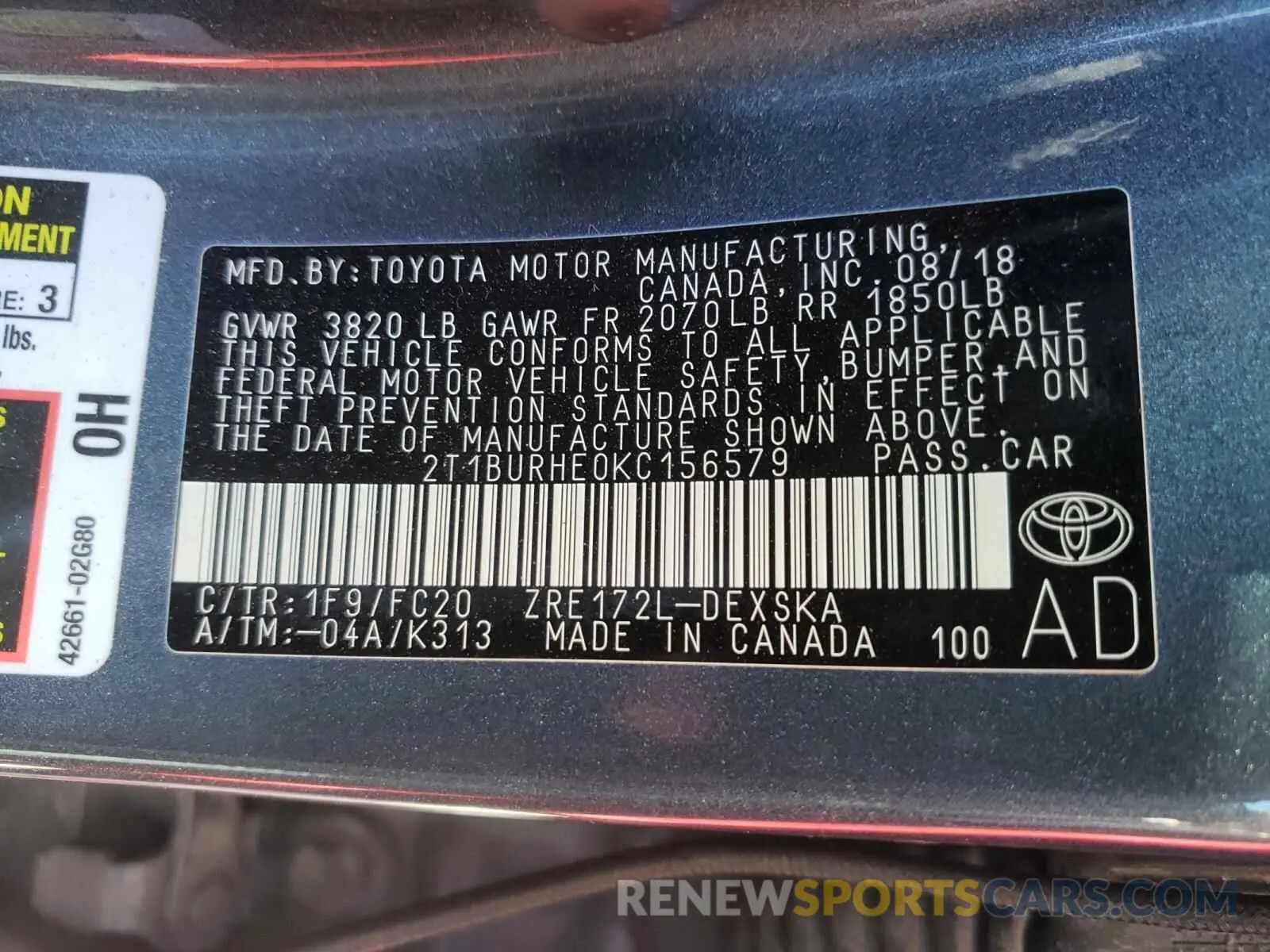 10 Photograph of a damaged car 2T1BURHE0KC156579 TOYOTA COROLLA 2019