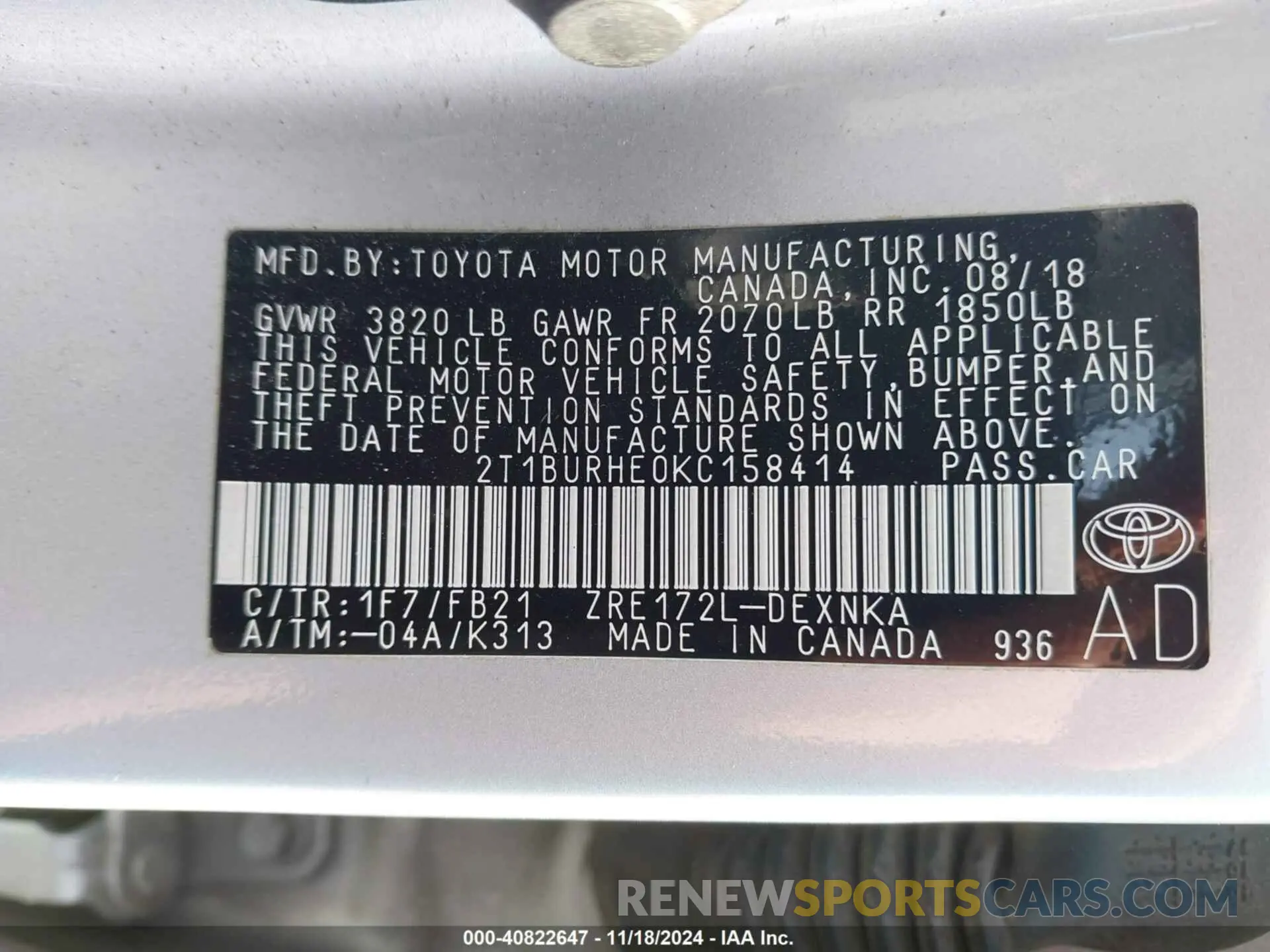 9 Photograph of a damaged car 2T1BURHE0KC158414 TOYOTA COROLLA 2019
