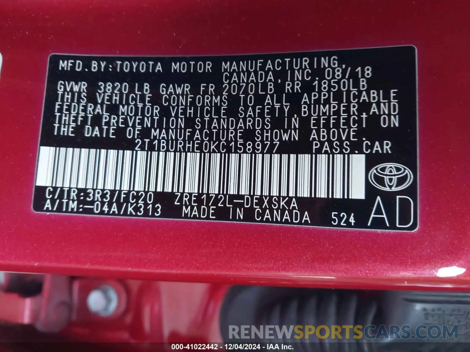 9 Photograph of a damaged car 2T1BURHE0KC158977 TOYOTA COROLLA 2019