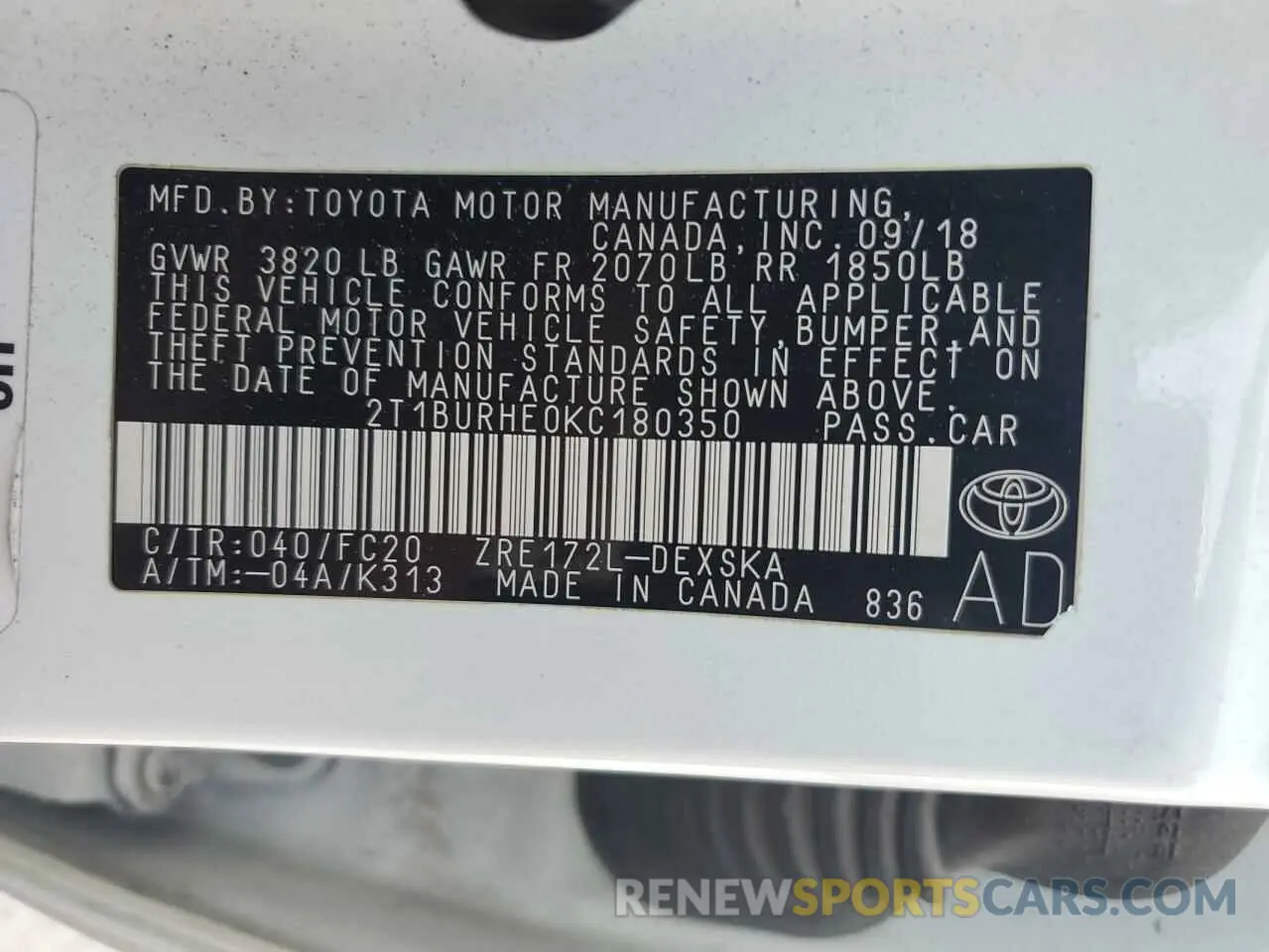 12 Photograph of a damaged car 2T1BURHE0KC180350 TOYOTA COROLLA 2019