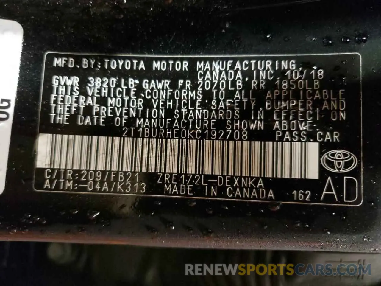 12 Фотография поврежденного автомобиля 2T1BURHE0KC192708 TOYOTA COROLLA 2019