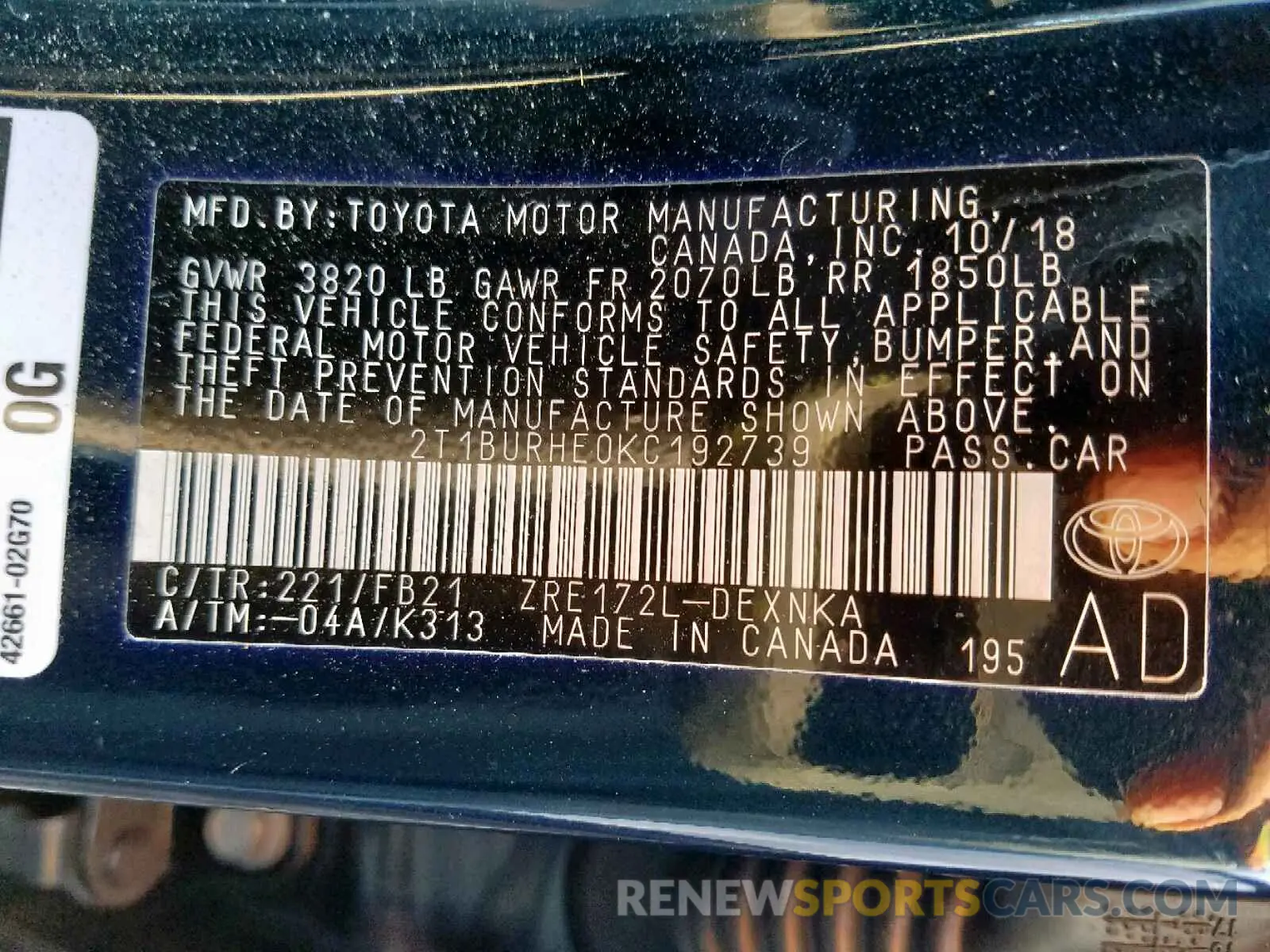 10 Photograph of a damaged car 2T1BURHE0KC192739 TOYOTA COROLLA 2019