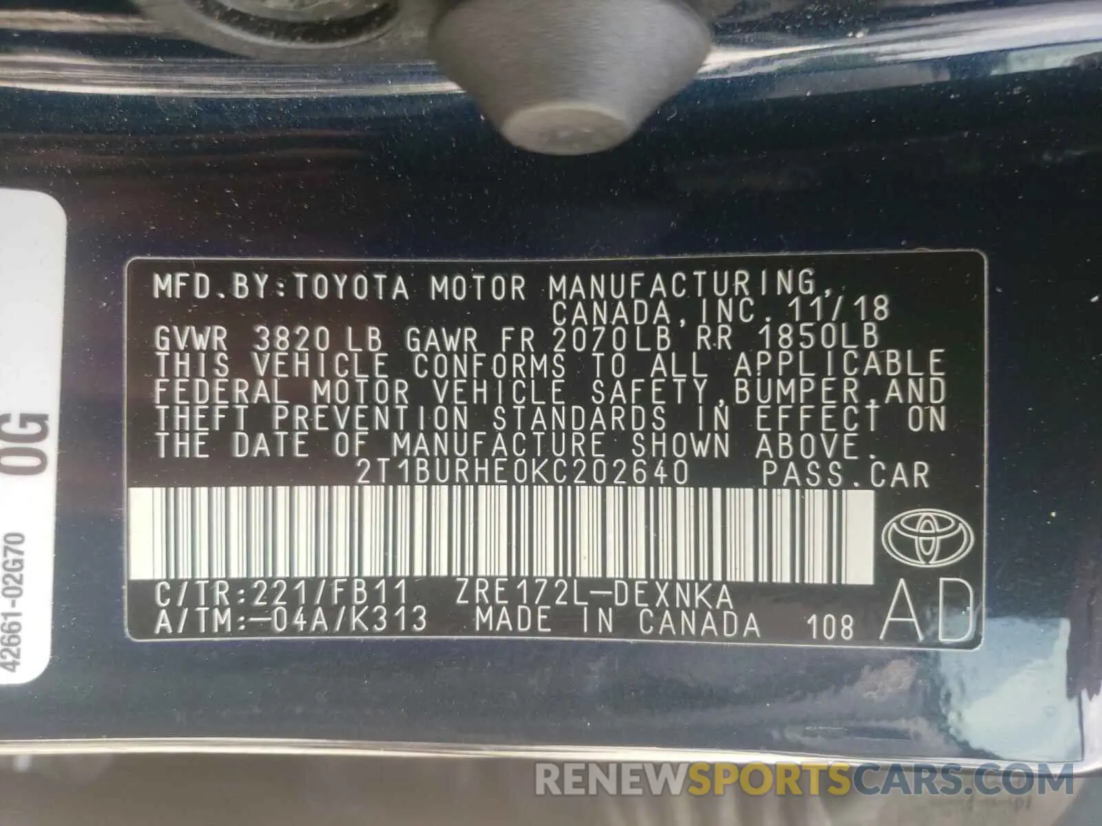 10 Photograph of a damaged car 2T1BURHE0KC202640 TOYOTA COROLLA 2019