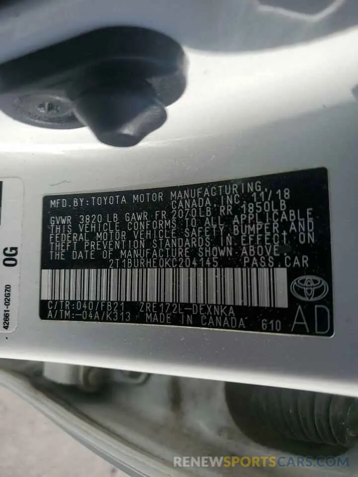 14 Photograph of a damaged car 2T1BURHE0KC204145 TOYOTA COROLLA 2019