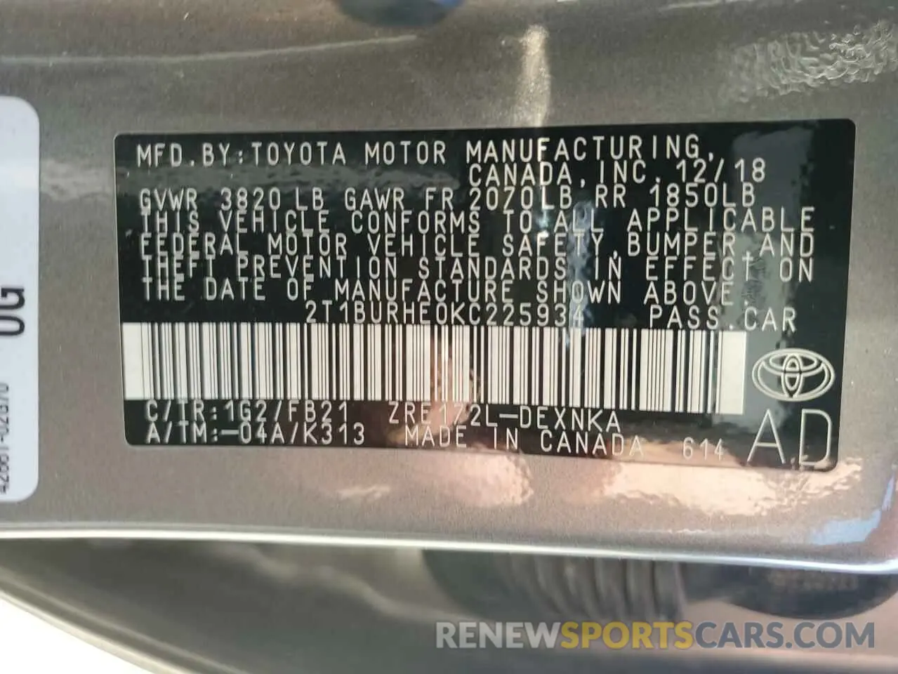 10 Photograph of a damaged car 2T1BURHE0KC225934 TOYOTA COROLLA 2019