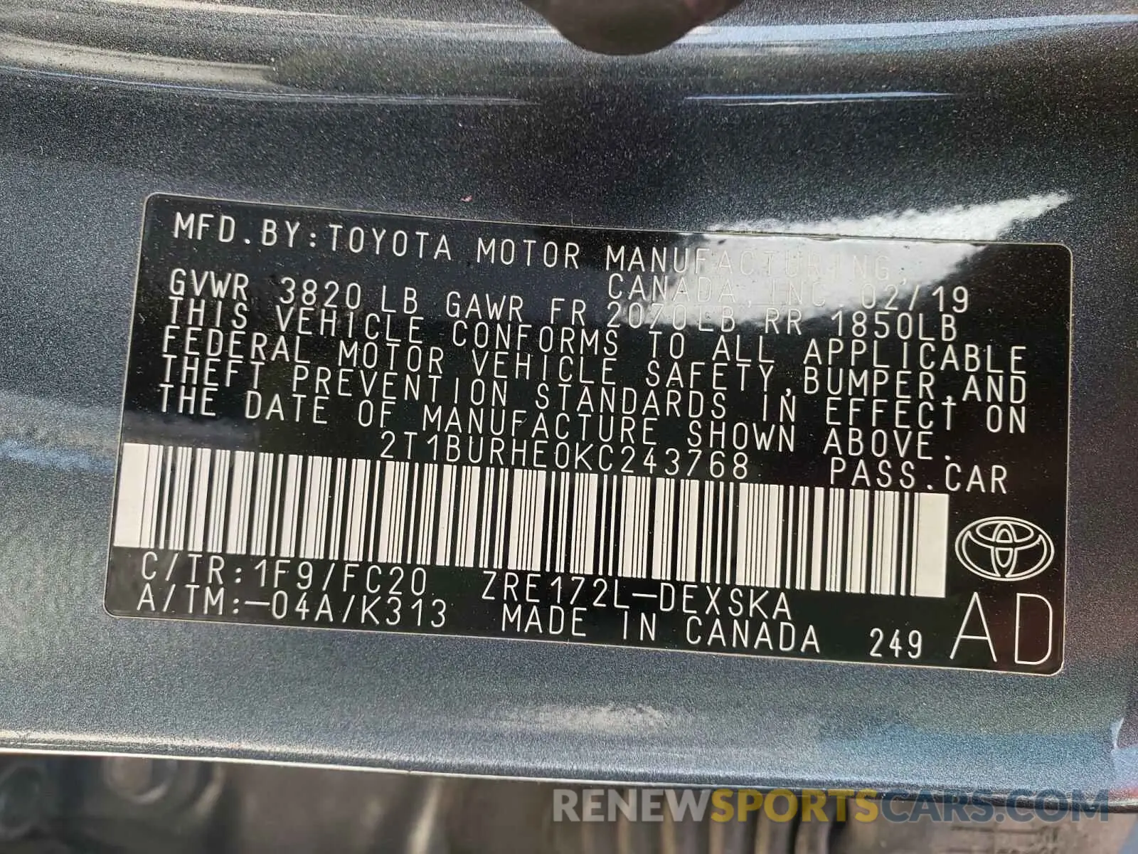 10 Photograph of a damaged car 2T1BURHE0KC243768 TOYOTA COROLLA 2019
