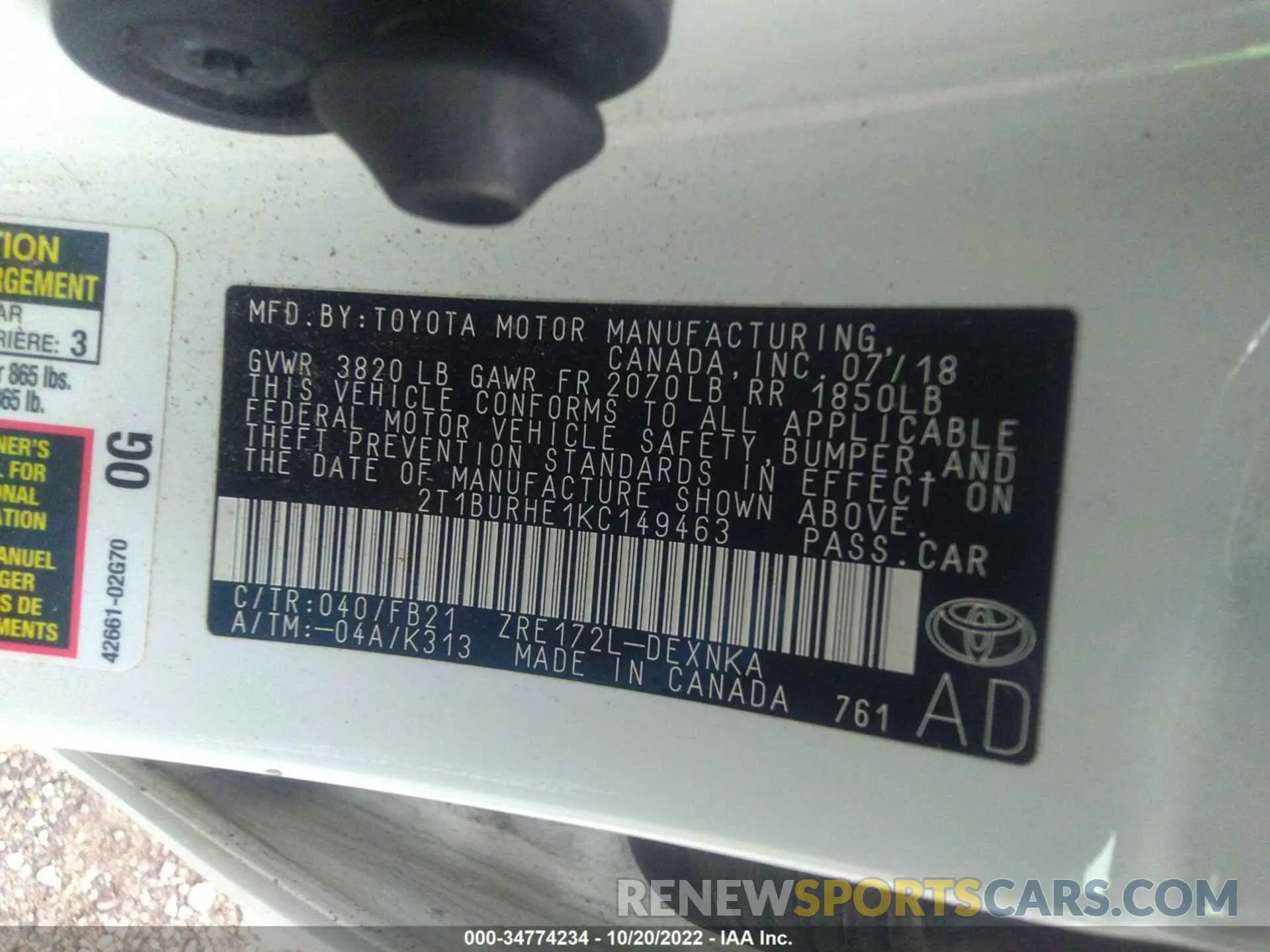 9 Фотография поврежденного автомобиля 2T1BURHE1KC149463 TOYOTA COROLLA 2019