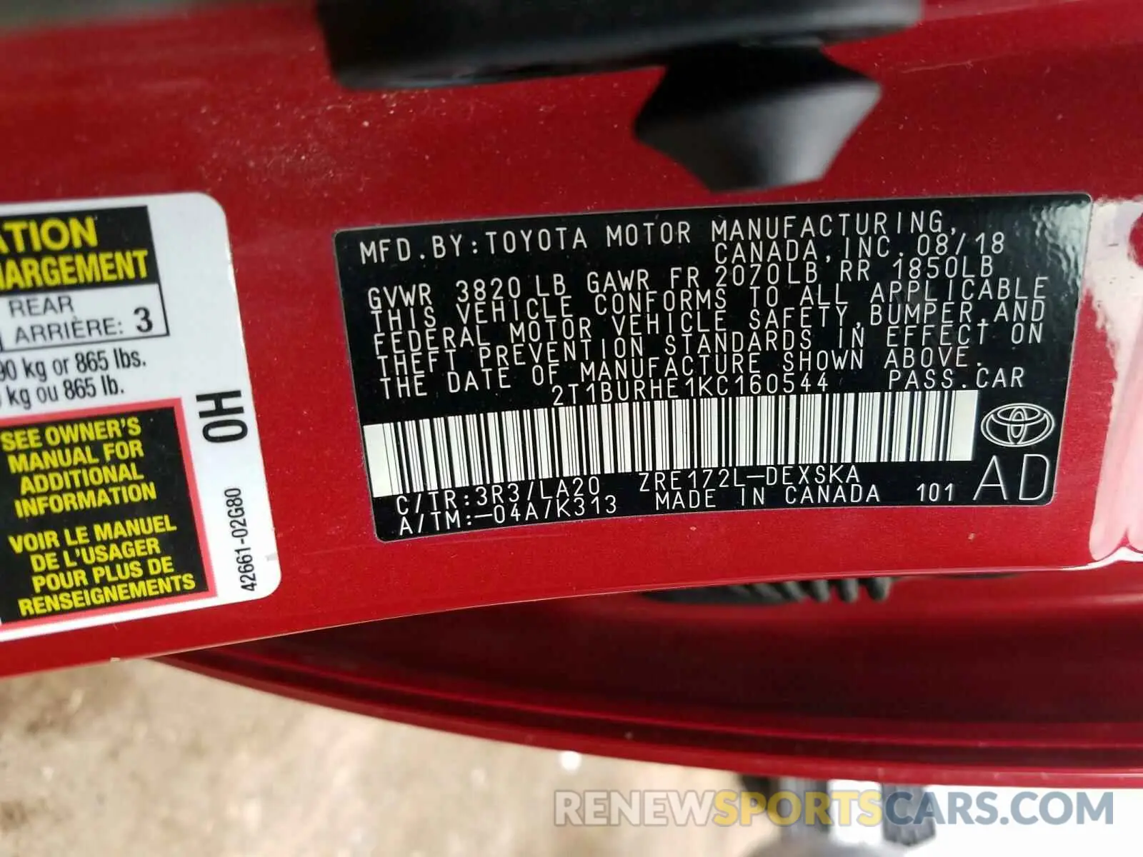 10 Photograph of a damaged car 2T1BURHE1KC160544 TOYOTA COROLLA 2019