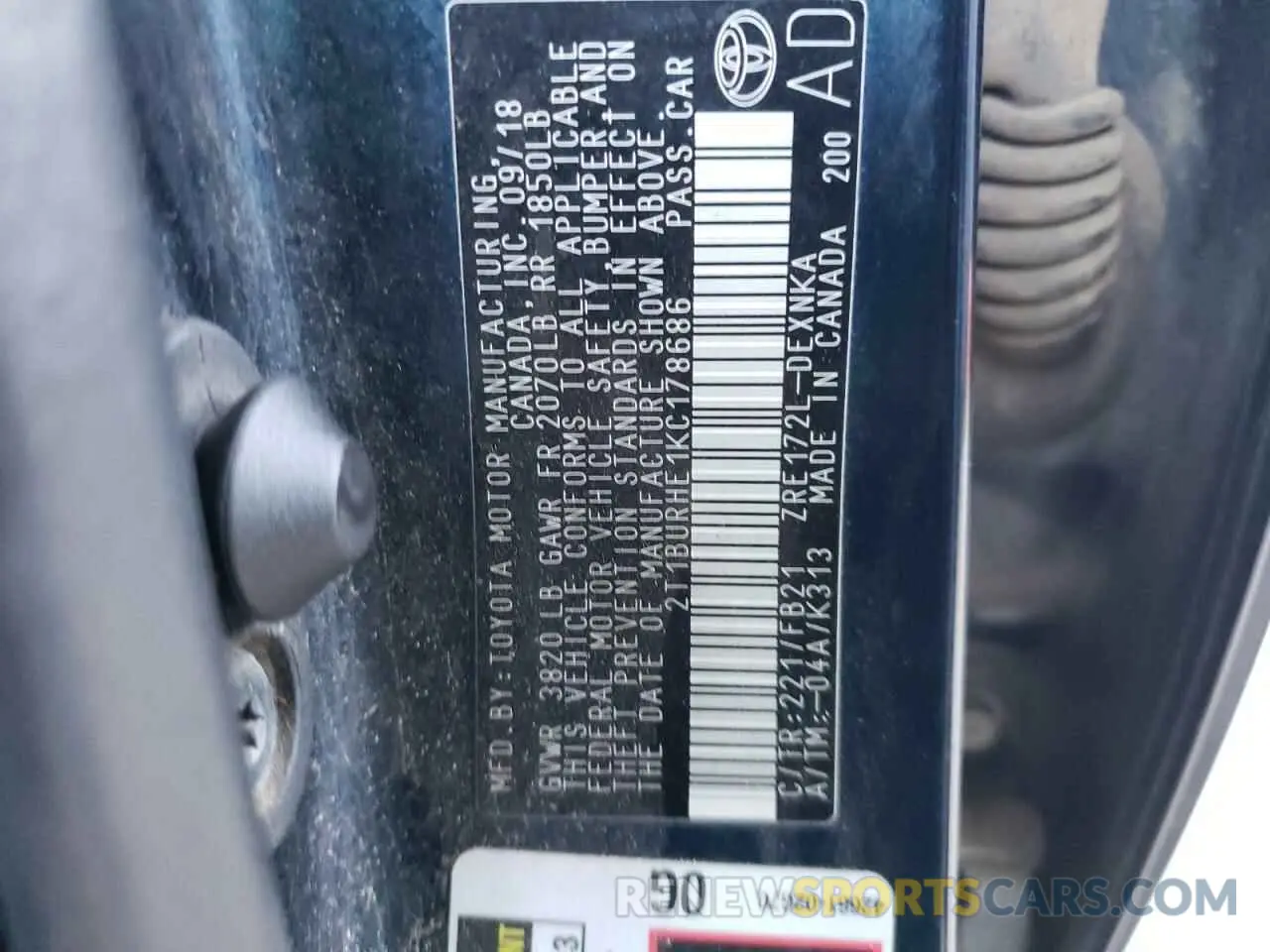 12 Photograph of a damaged car 2T1BURHE1KC178686 TOYOTA COROLLA 2019