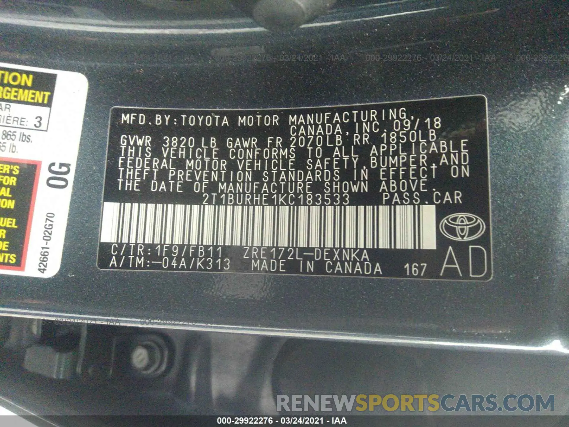 9 Photograph of a damaged car 2T1BURHE1KC183533 TOYOTA COROLLA 2019