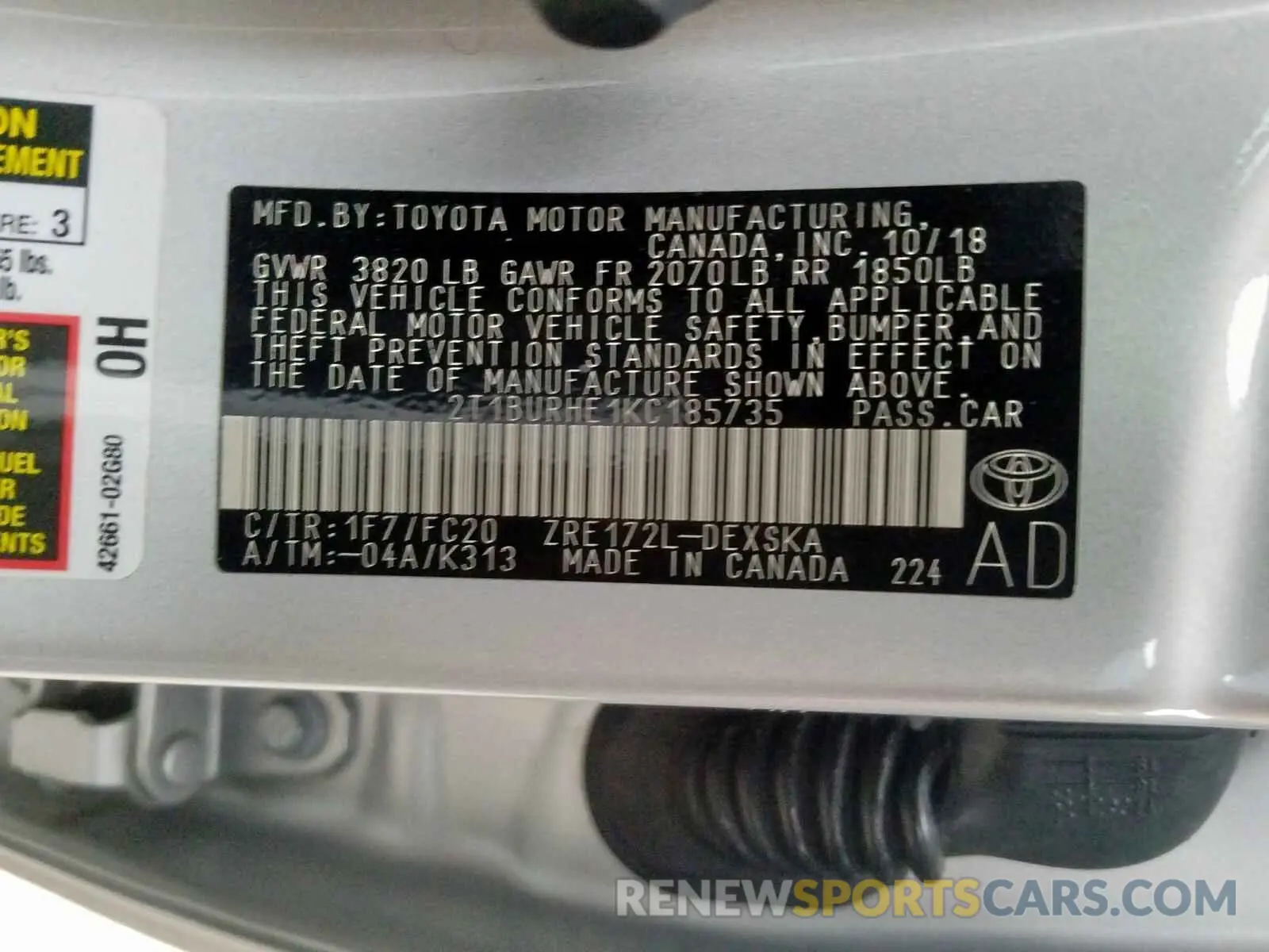 10 Photograph of a damaged car 2T1BURHE1KC185735 TOYOTA COROLLA 2019