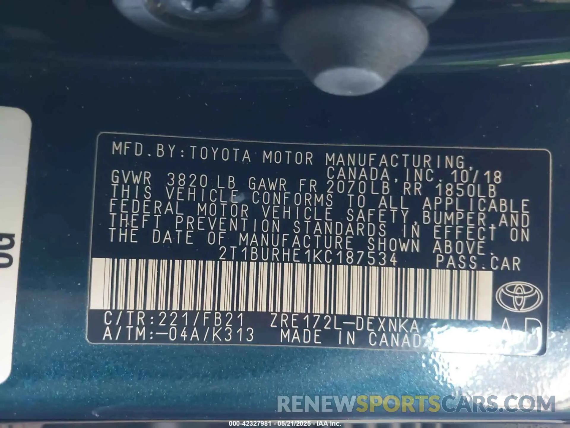 9 Photograph of a damaged car 2T1BURHE1KC187534 TOYOTA COROLLA 2019