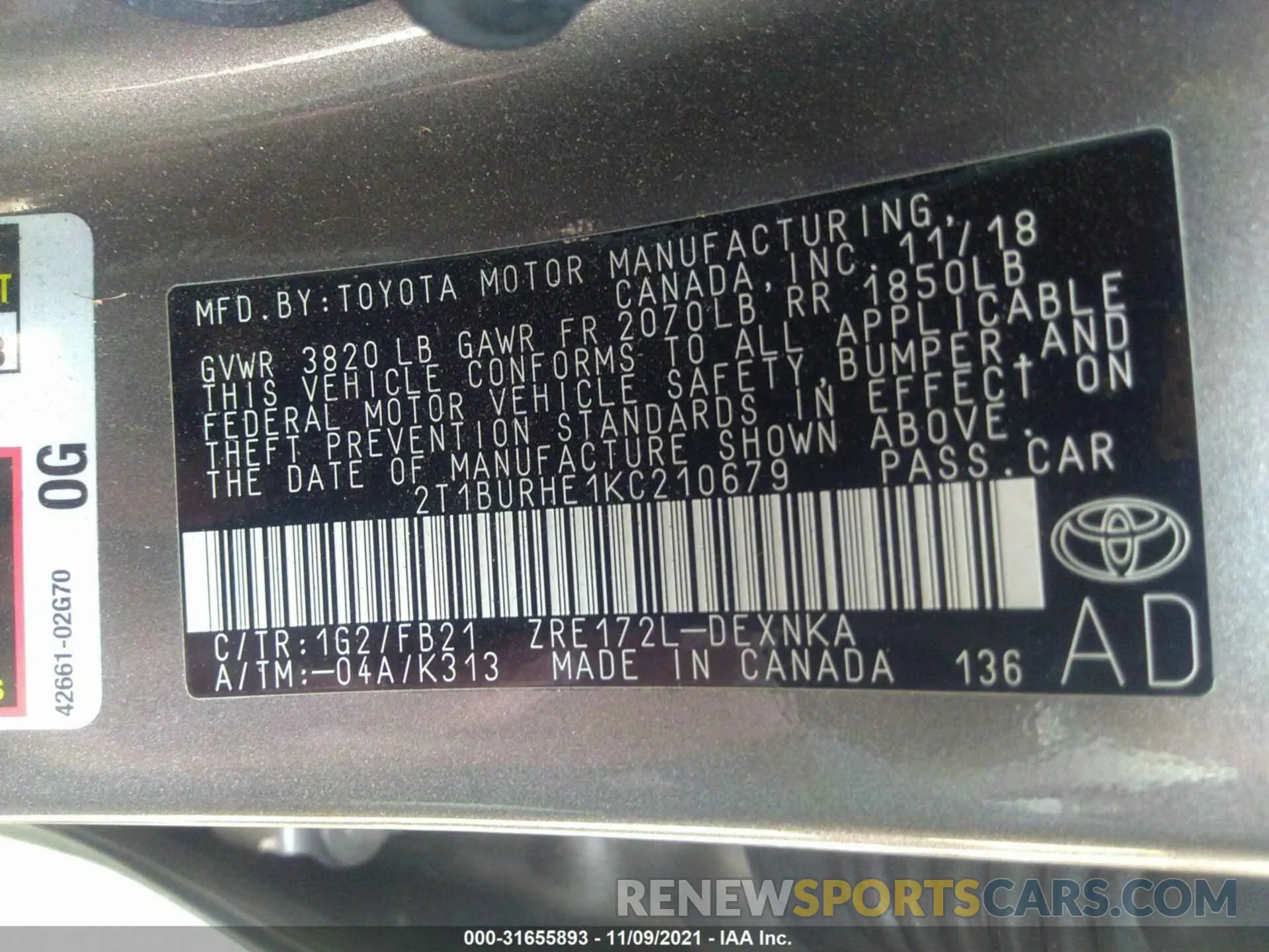 9 Photograph of a damaged car 2T1BURHE1KC210679 TOYOTA COROLLA 2019