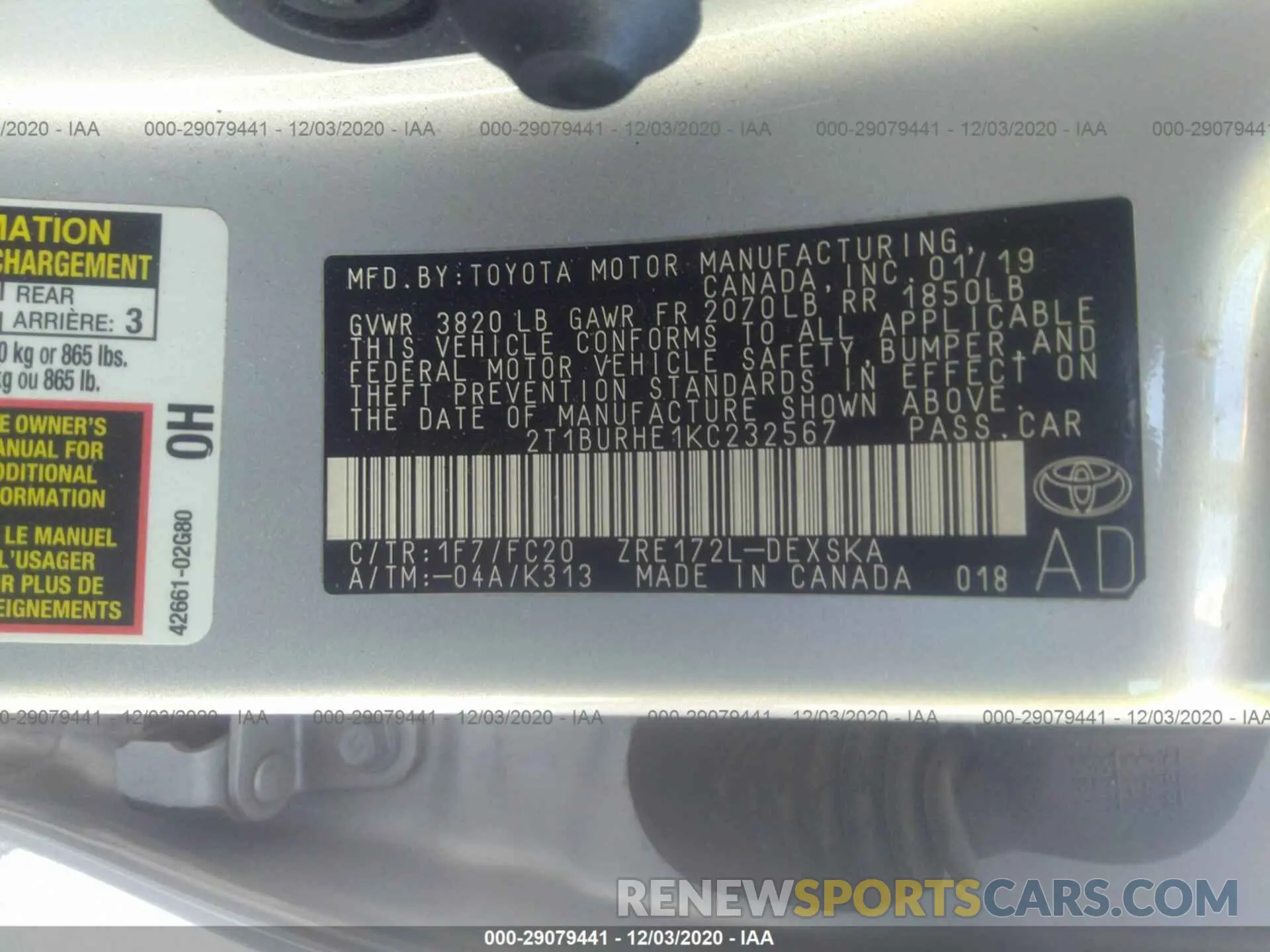 9 Photograph of a damaged car 2T1BURHE1KC232567 TOYOTA COROLLA 2019