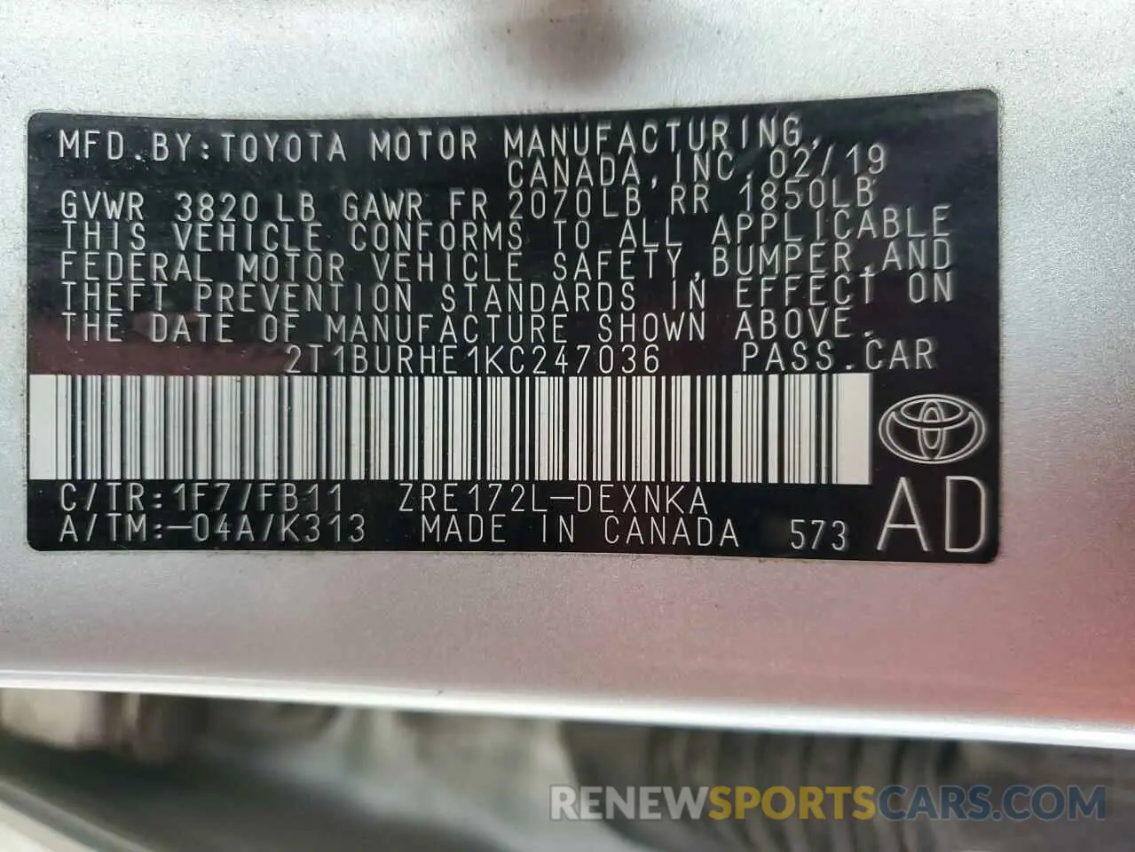 12 Фотография поврежденного автомобиля 2T1BURHE1KC247036 TOYOTA COROLLA 2019