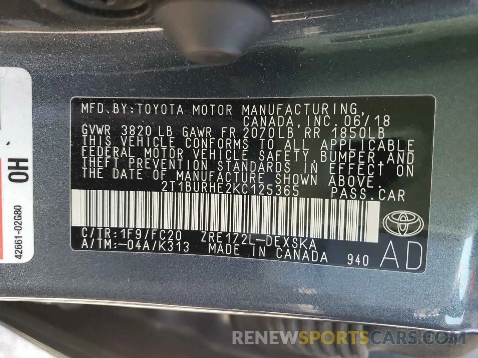 10 Photograph of a damaged car 2T1BURHE2KC125365 TOYOTA COROLLA 2019
