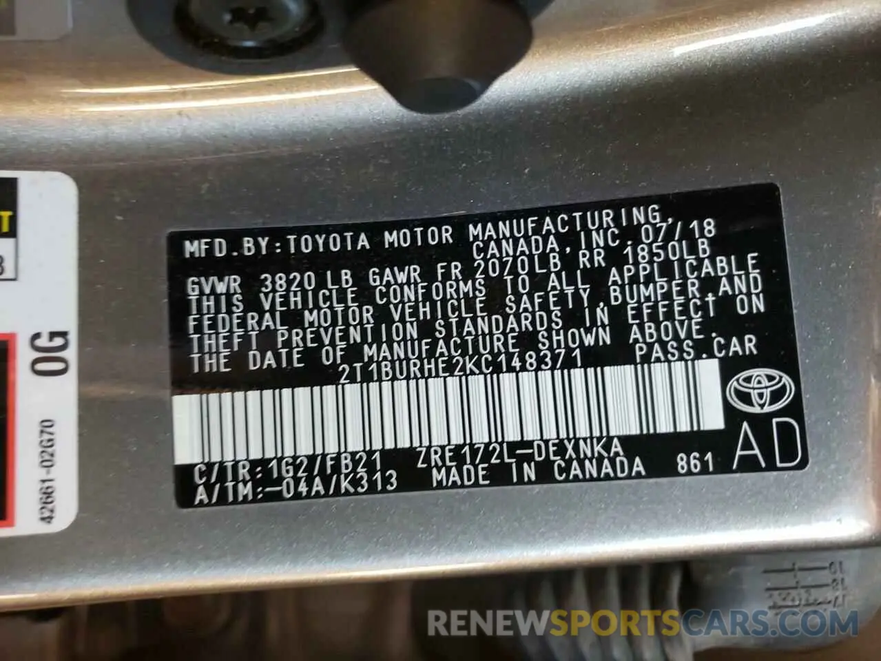10 Фотография поврежденного автомобиля 2T1BURHE2KC148371 TOYOTA COROLLA 2019