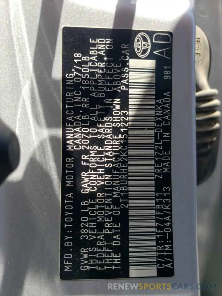 10 Photograph of a damaged car 2T1BURHE2KC151223 TOYOTA COROLLA 2019