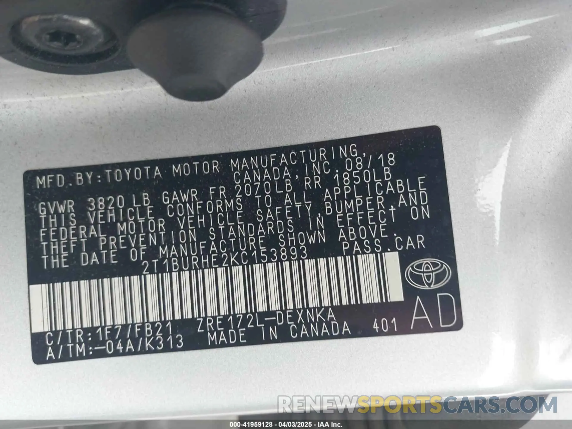 9 Фотография поврежденного автомобиля 2T1BURHE2KC153893 TOYOTA COROLLA 2019