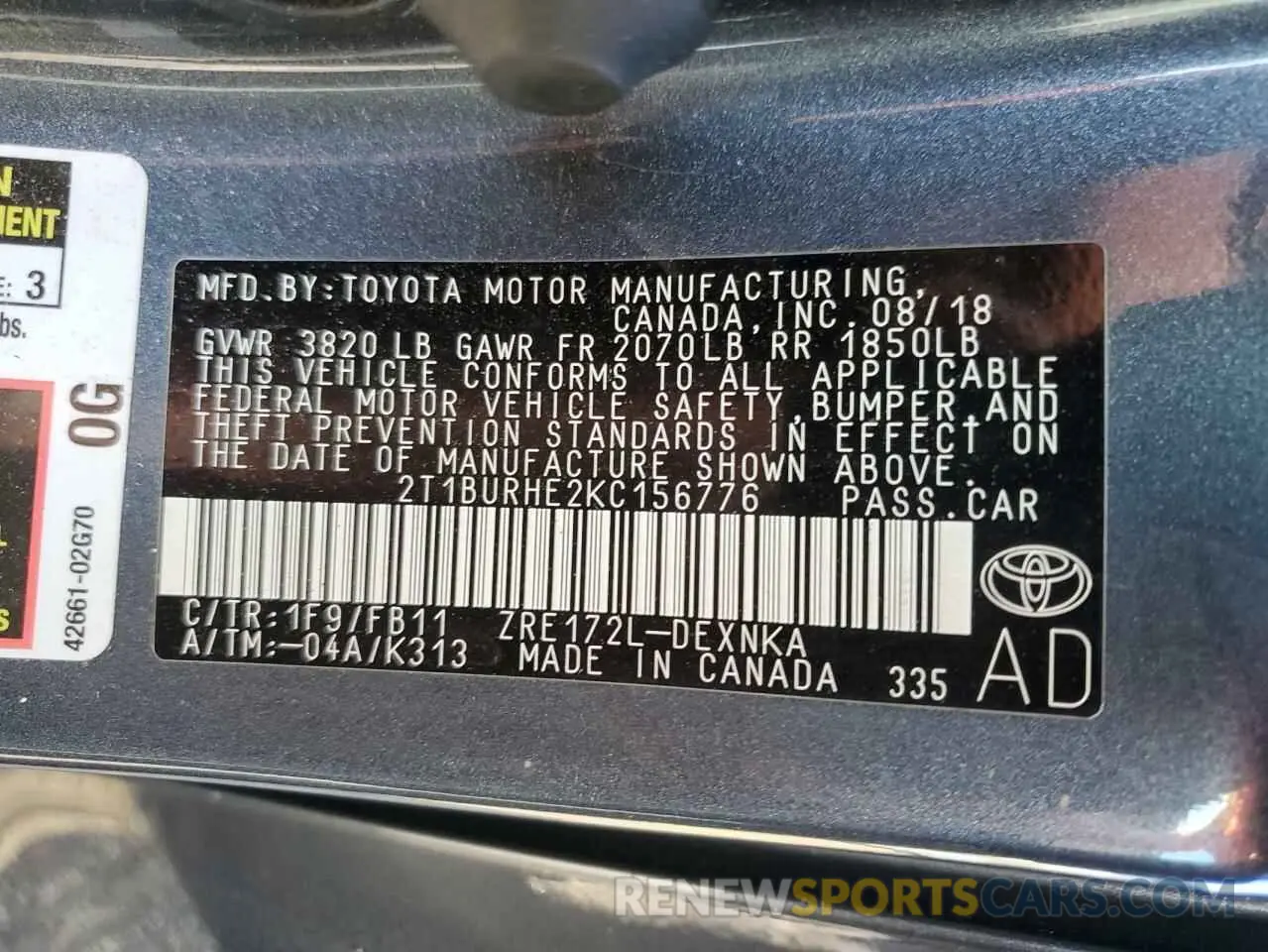 13 Фотография поврежденного автомобиля 2T1BURHE2KC156776 TOYOTA COROLLA 2019