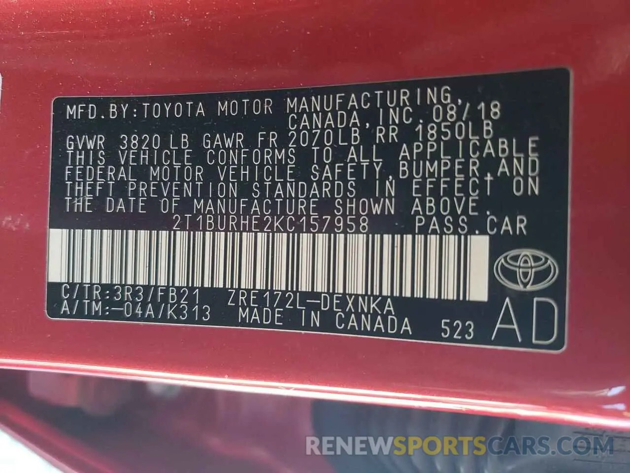 13 Фотография поврежденного автомобиля 2T1BURHE2KC157958 TOYOTA COROLLA 2019