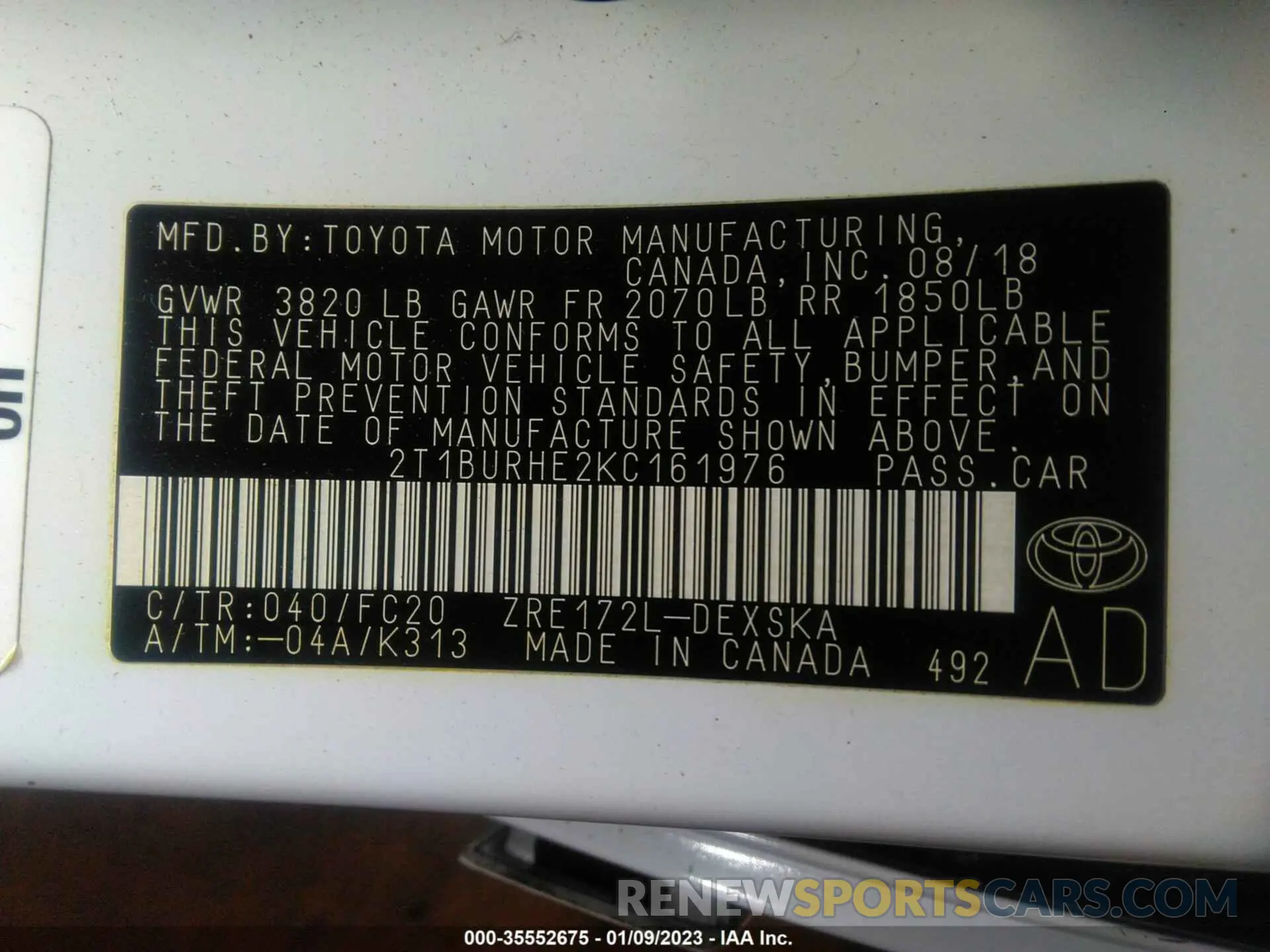 9 Photograph of a damaged car 2T1BURHE2KC161976 TOYOTA COROLLA 2019