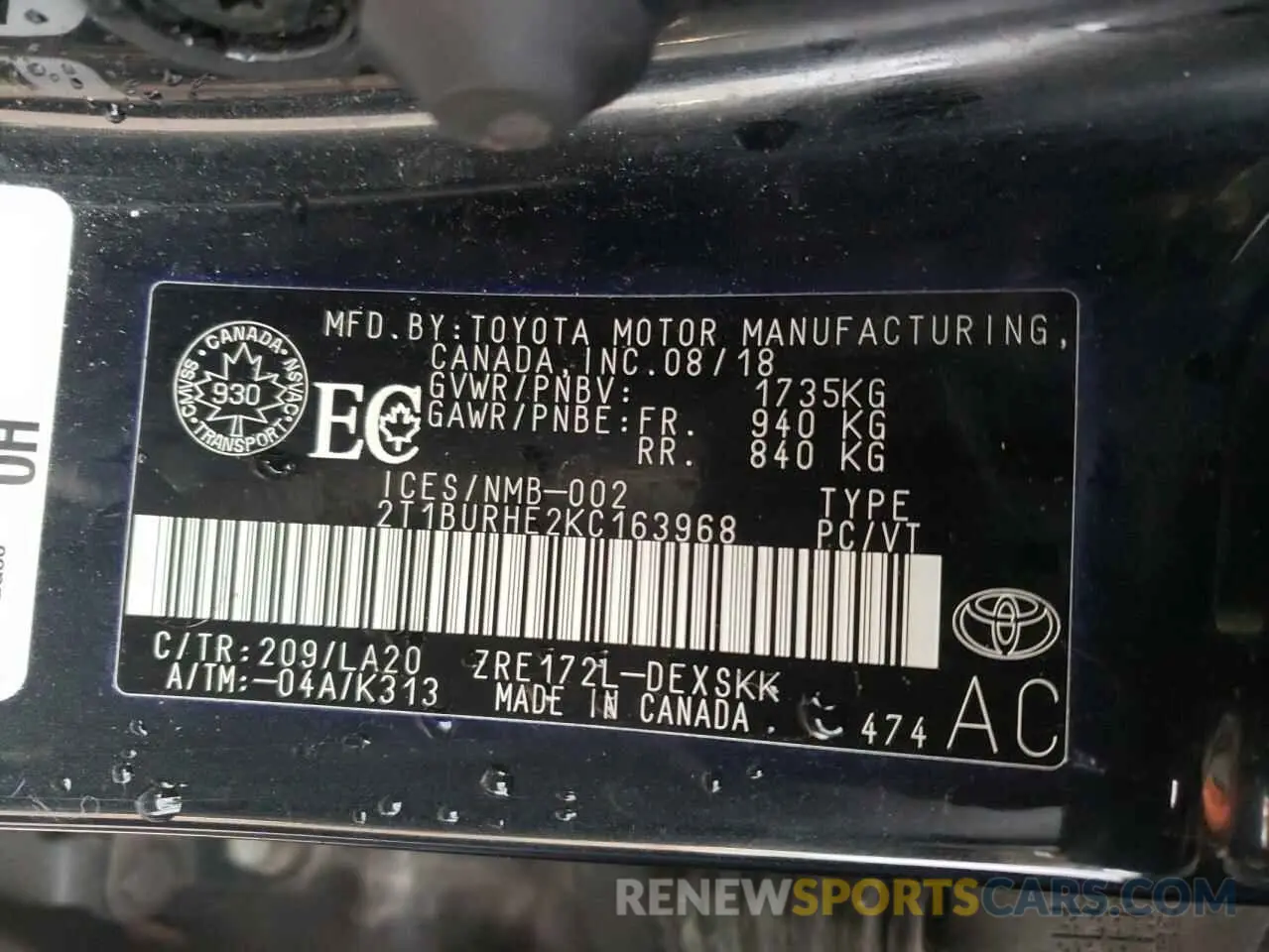 10 Photograph of a damaged car 2T1BURHE2KC163968 TOYOTA COROLLA 2019
