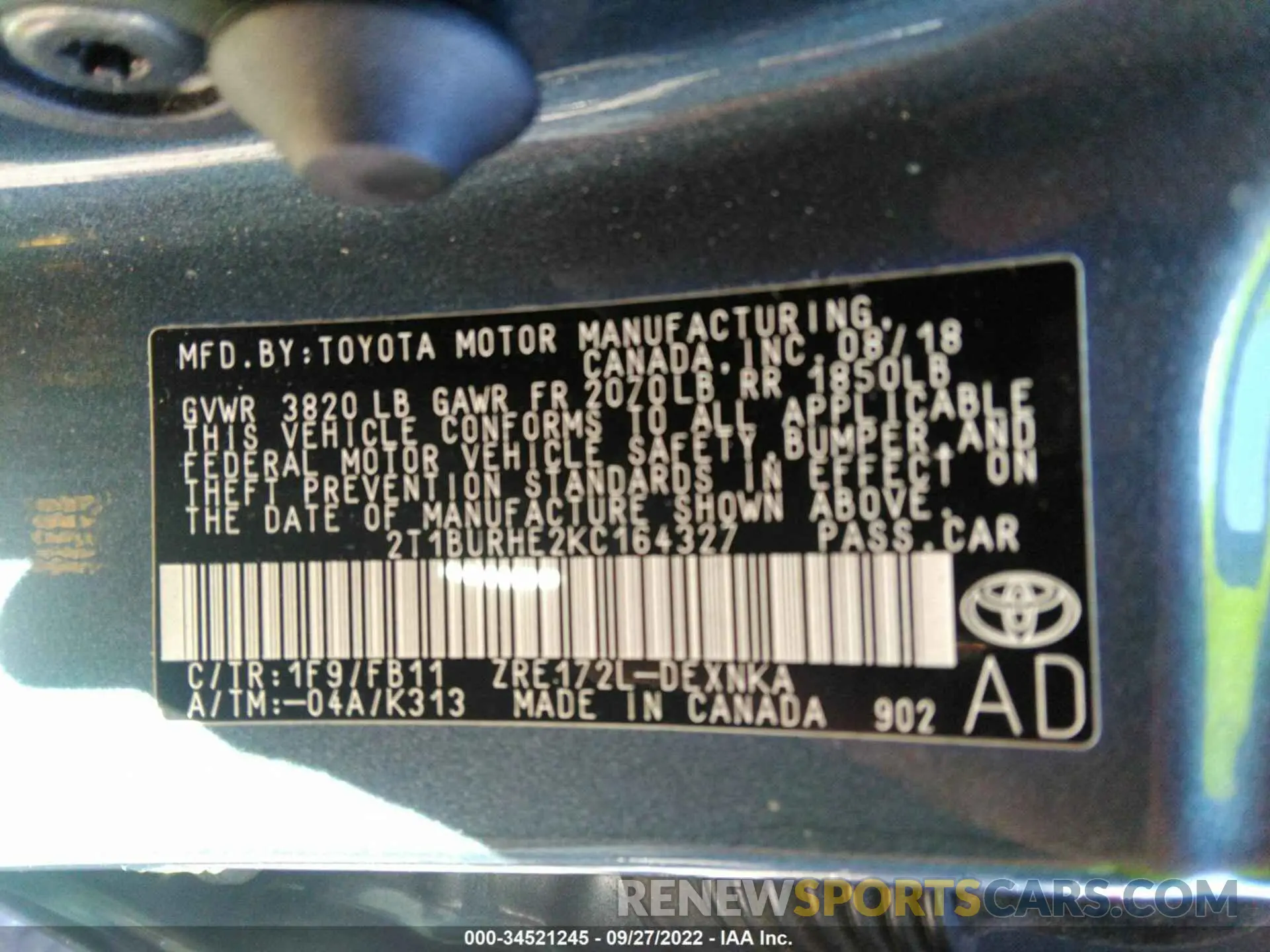 9 Фотография поврежденного автомобиля 2T1BURHE2KC164327 TOYOTA COROLLA 2019