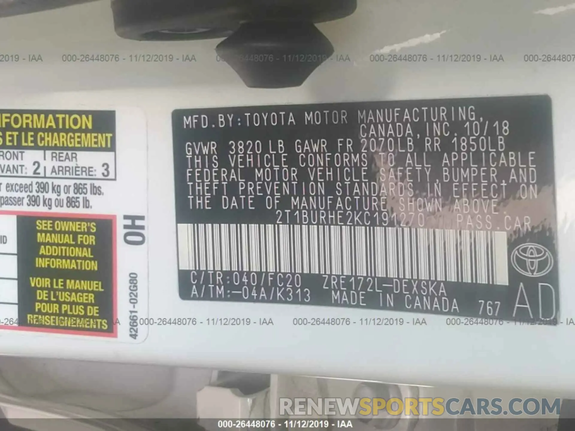 9 Photograph of a damaged car 2T1BURHE2KC191270 TOYOTA COROLLA 2019