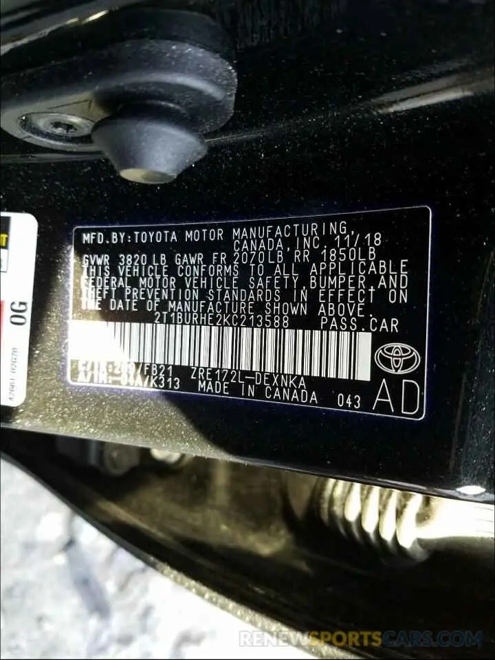 10 Photograph of a damaged car 2T1BURHE2KC213588 TOYOTA COROLLA 2019