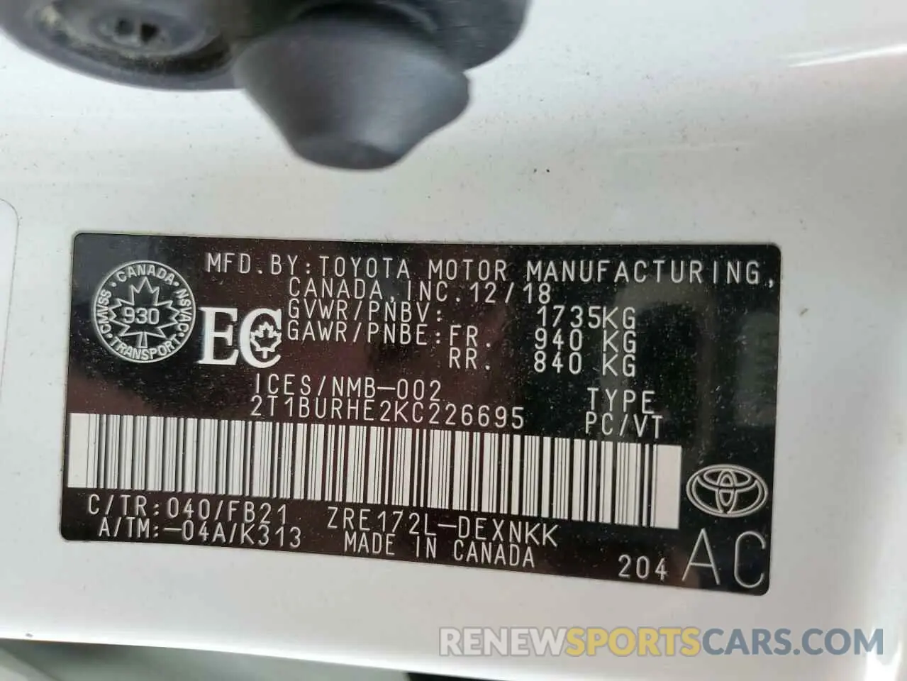 12 Фотография поврежденного автомобиля 2T1BURHE2KC226695 TOYOTA COROLLA 2019