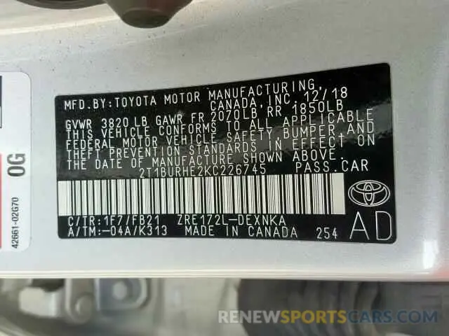 10 Photograph of a damaged car 2T1BURHE2KC226745 TOYOTA COROLLA 2019
