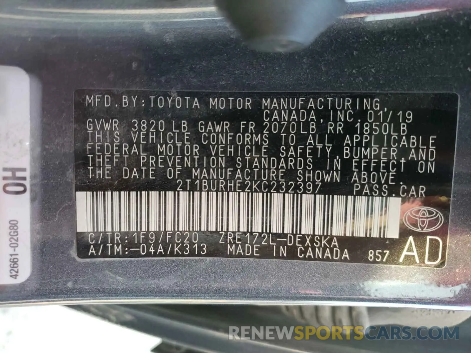10 Photograph of a damaged car 2T1BURHE2KC232397 TOYOTA COROLLA 2019