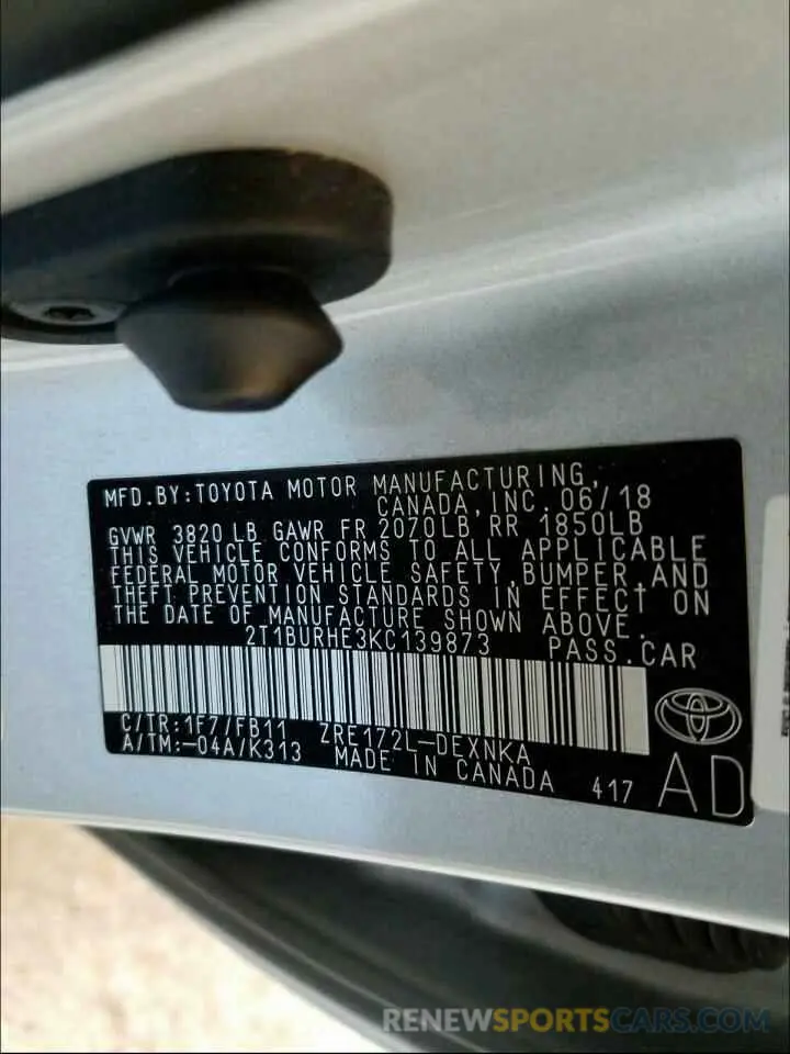 10 Фотография поврежденного автомобиля 2T1BURHE3KC139873 TOYOTA COROLLA 2019