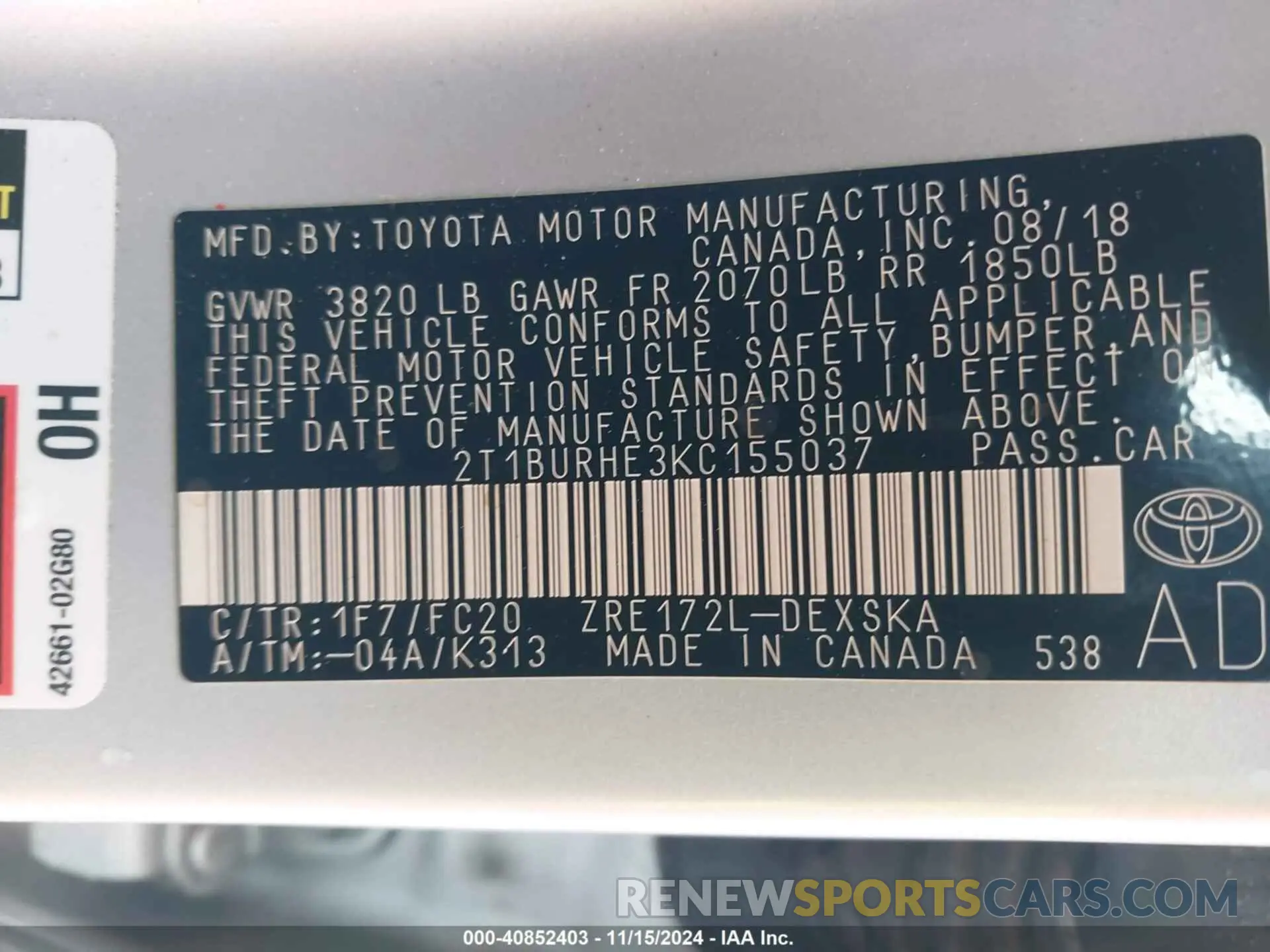 9 Фотография поврежденного автомобиля 2T1BURHE3KC155037 TOYOTA COROLLA 2019