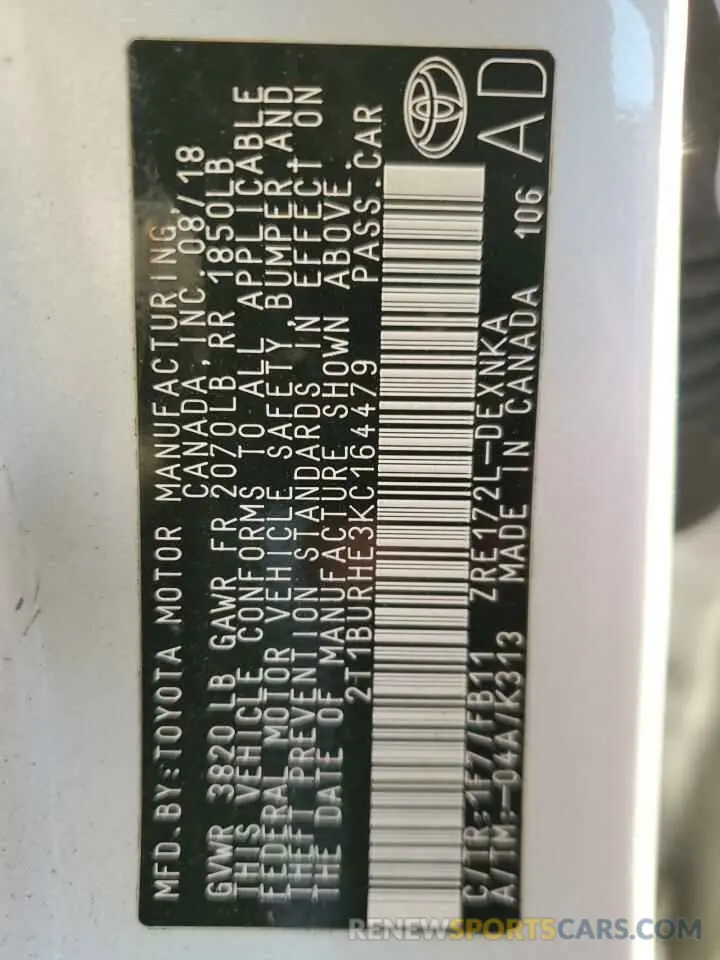 13 Photograph of a damaged car 2T1BURHE3KC164479 TOYOTA COROLLA 2019
