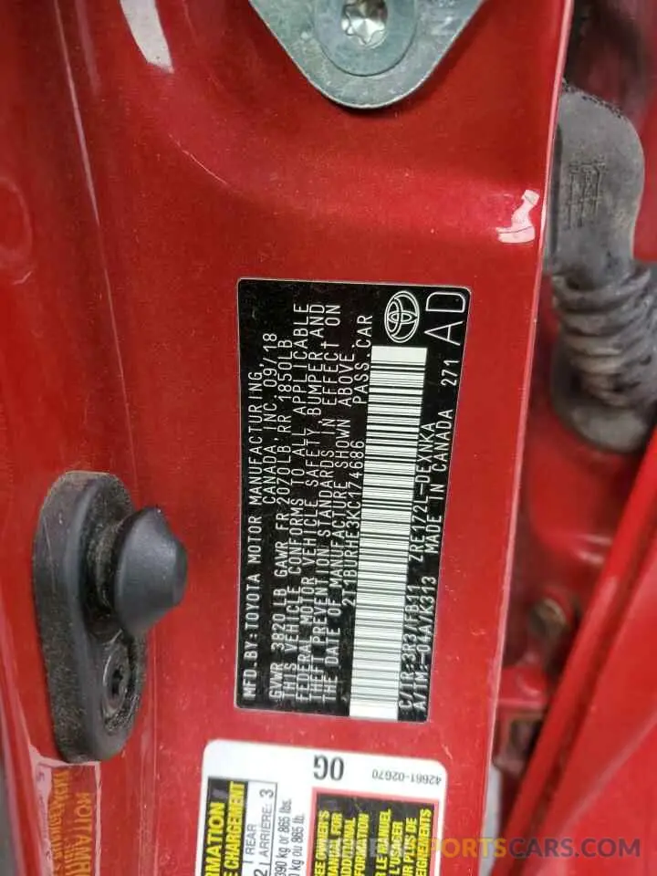 13 Photograph of a damaged car 2T1BURHE3KC174686 TOYOTA COROLLA 2019