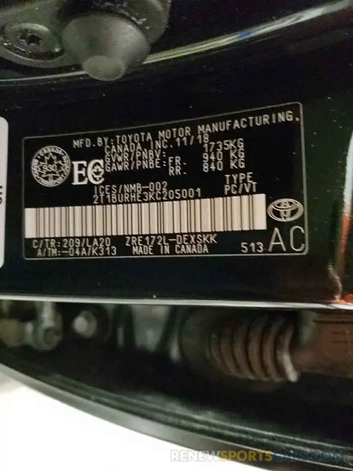 10 Photograph of a damaged car 2T1BURHE3KC205001 TOYOTA COROLLA 2019
