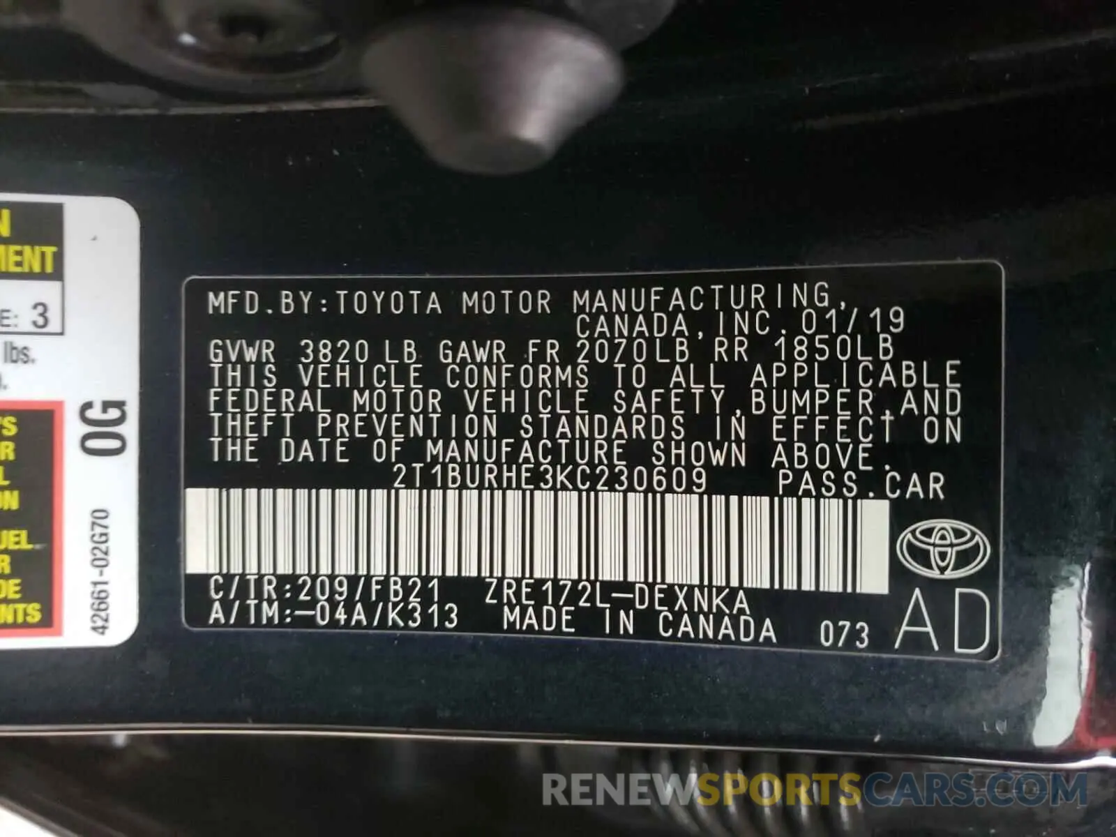 10 Photograph of a damaged car 2T1BURHE3KC230609 TOYOTA COROLLA 2019
