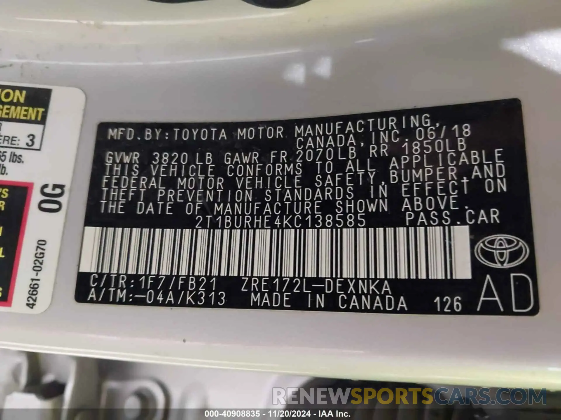 9 Фотография поврежденного автомобиля 2T1BURHE4KC138585 TOYOTA COROLLA 2019
