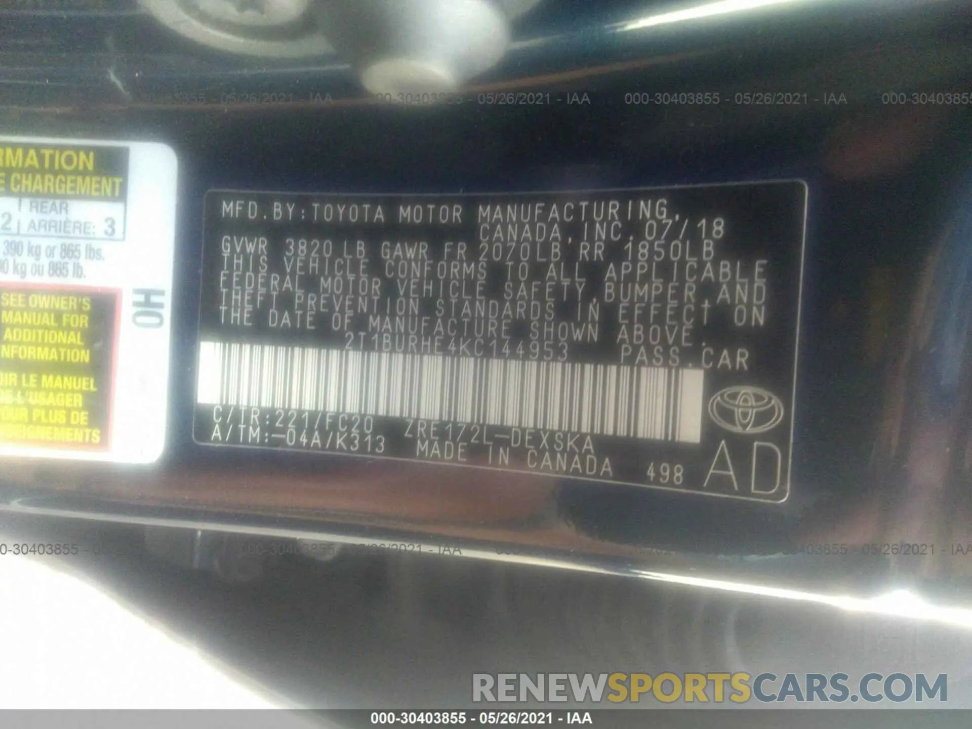 9 Фотография поврежденного автомобиля 2T1BURHE4KC144953 TOYOTA COROLLA 2019