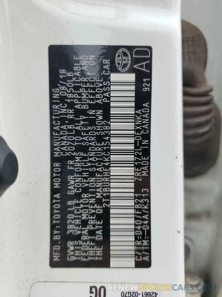 14 Фотография поврежденного автомобиля 2T1BURHE4KC154382 TOYOTA COROLLA 2019