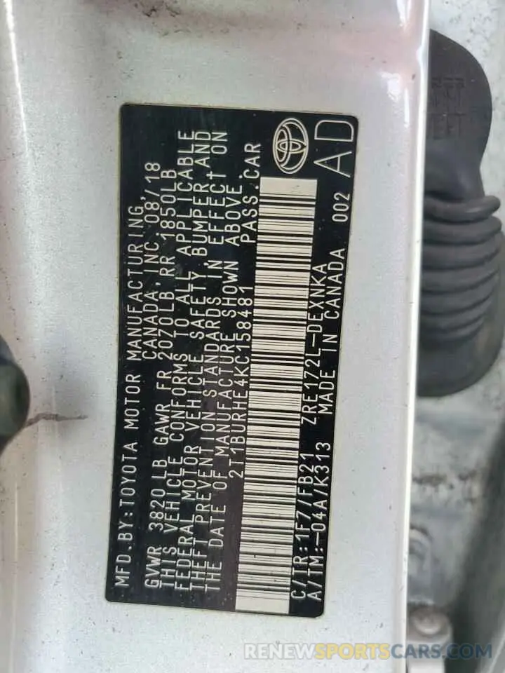 13 Photograph of a damaged car 2T1BURHE4KC158481 TOYOTA COROLLA 2019