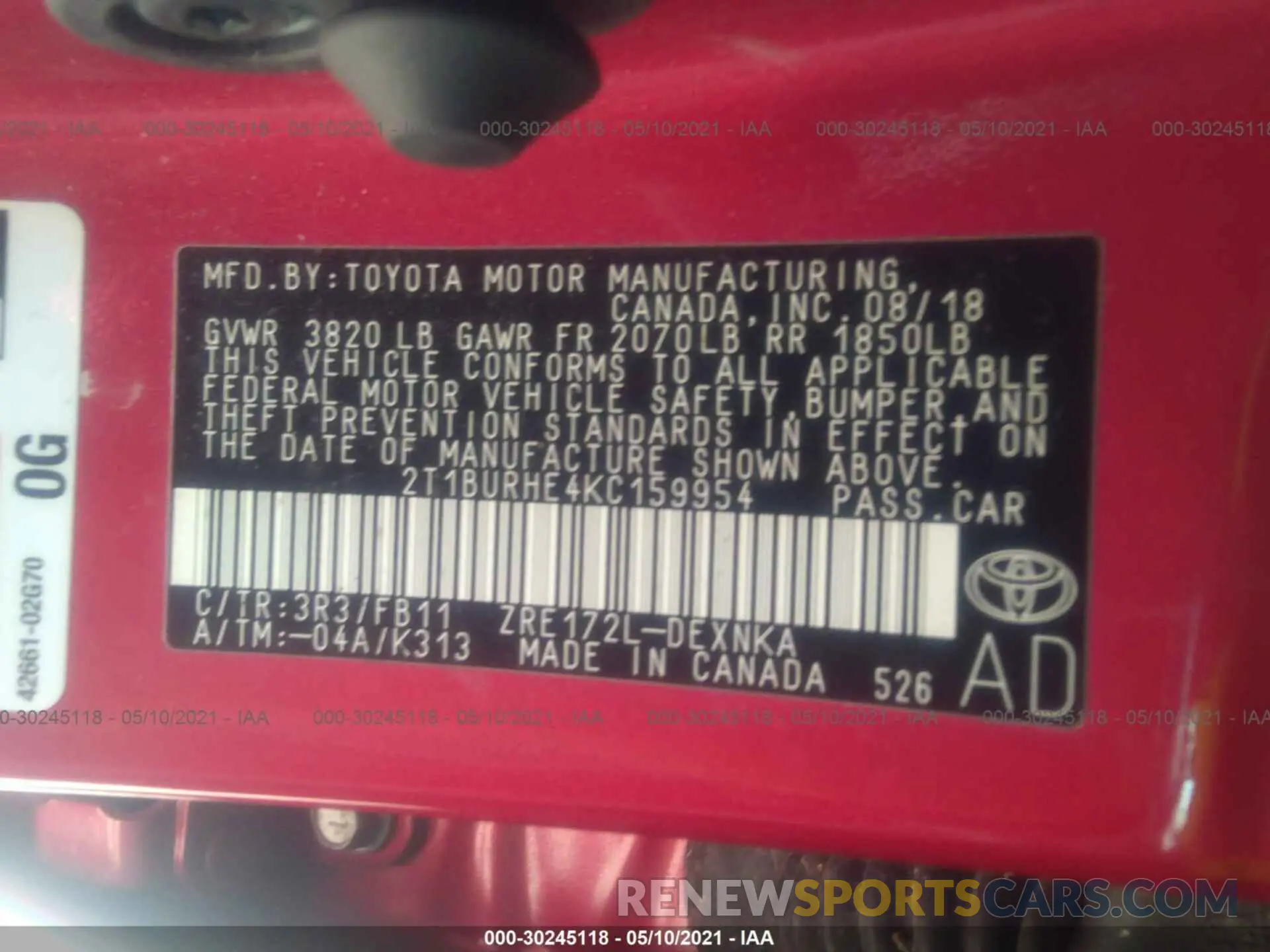 9 Photograph of a damaged car 2T1BURHE4KC159954 TOYOTA COROLLA 2019