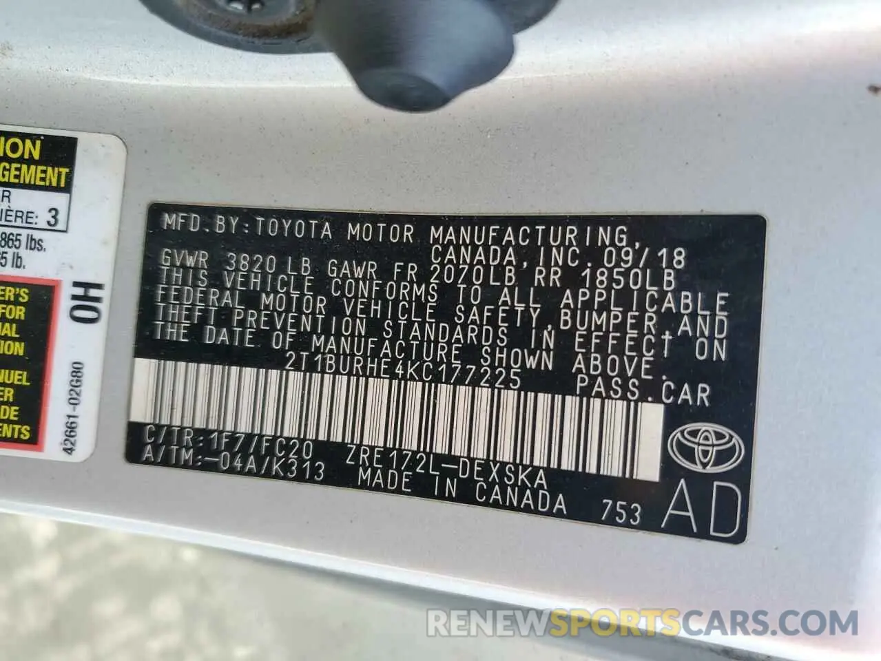 12 Photograph of a damaged car 2T1BURHE4KC177225 TOYOTA COROLLA 2019