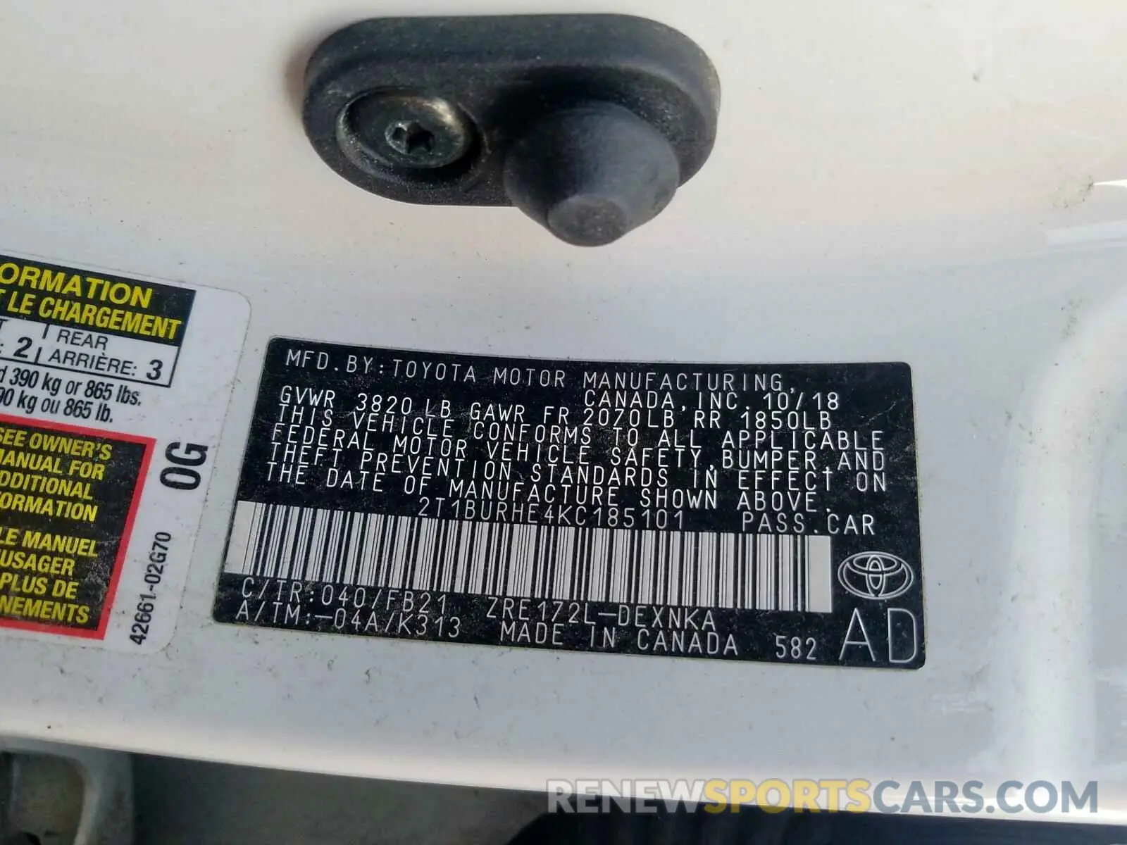 10 Фотография поврежденного автомобиля 2T1BURHE4KC185101 TOYOTA COROLLA 2019