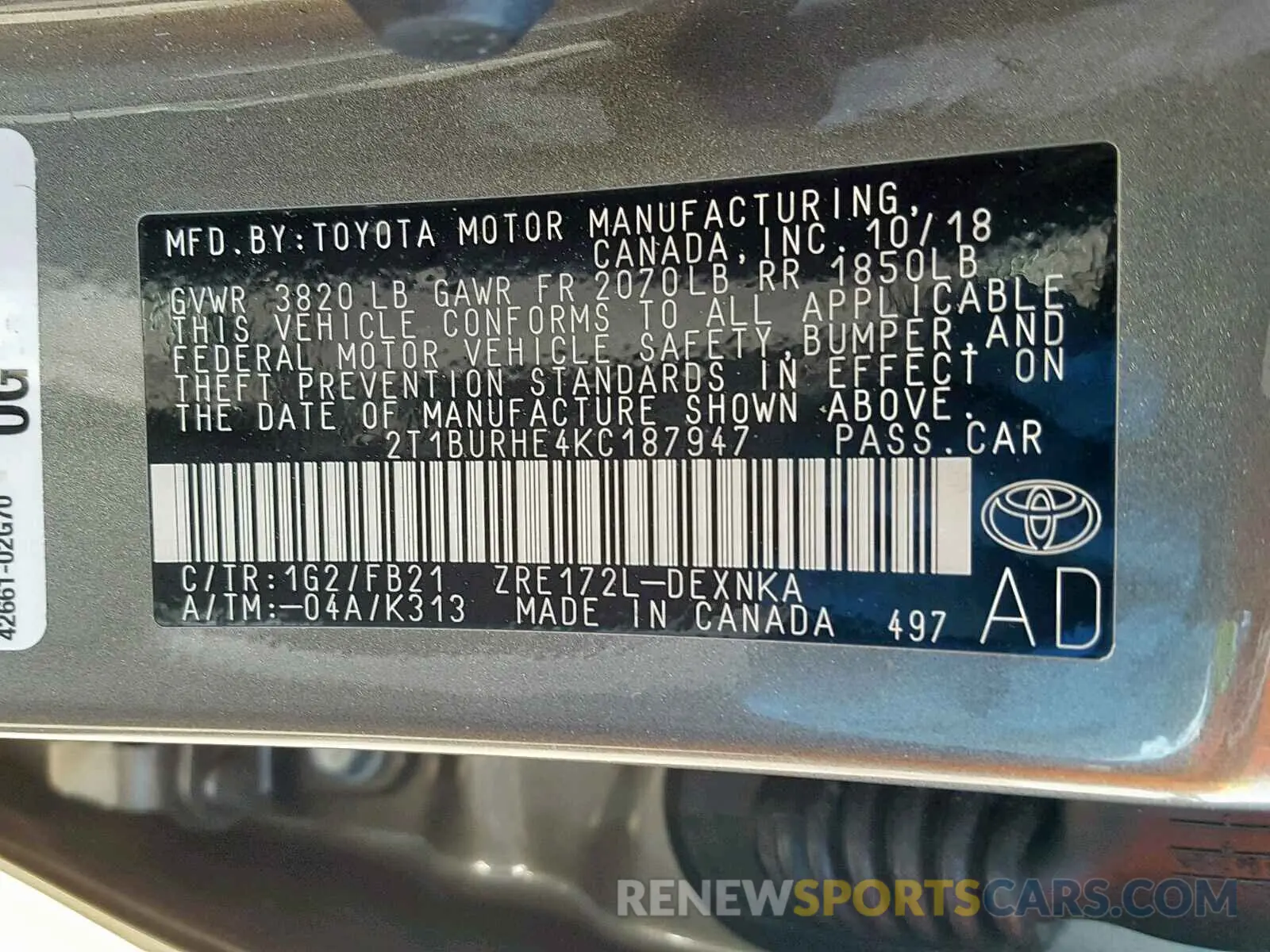 10 Photograph of a damaged car 2T1BURHE4KC187947 TOYOTA COROLLA 2019