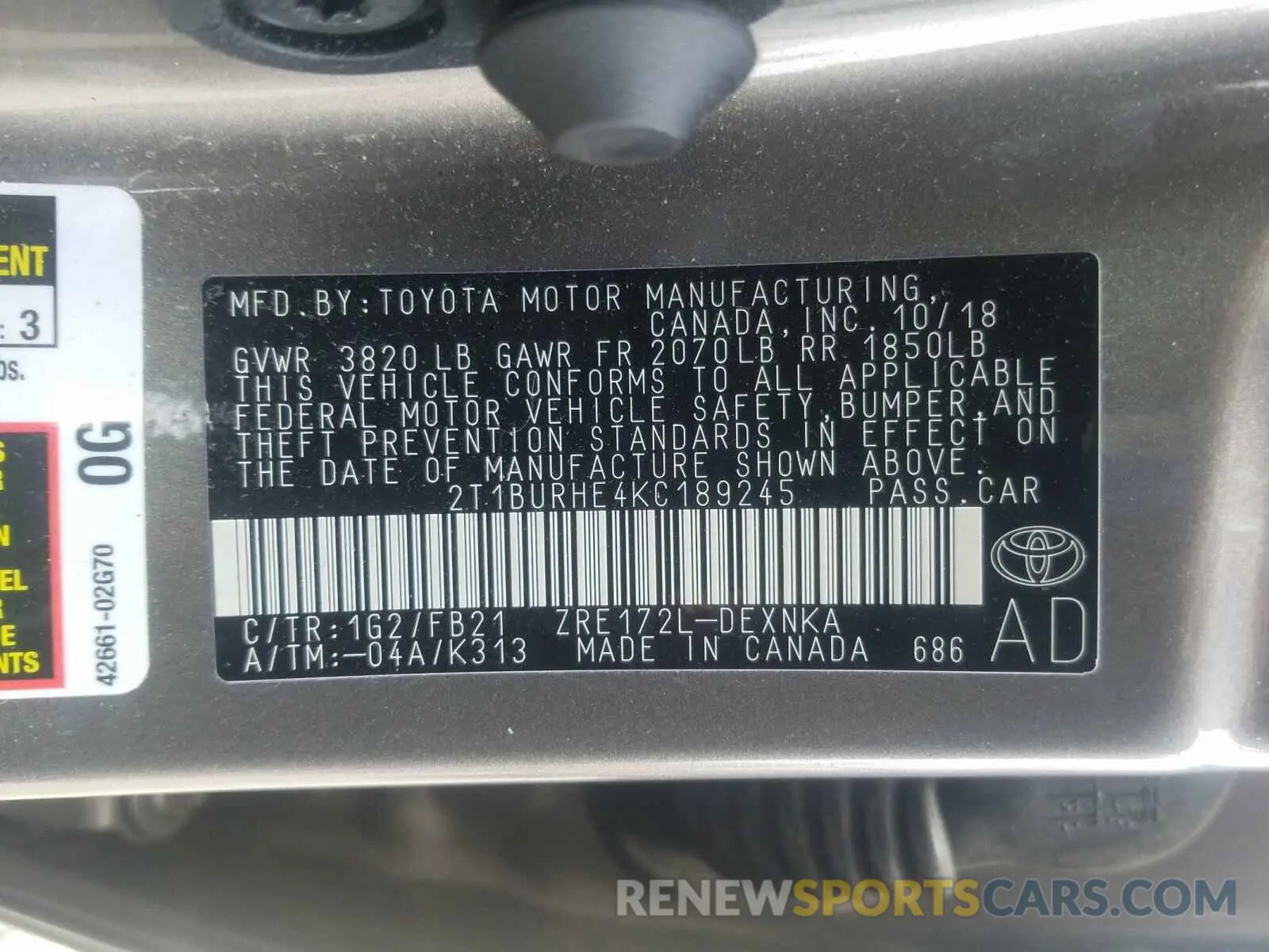 10 Photograph of a damaged car 2T1BURHE4KC189245 TOYOTA COROLLA 2019